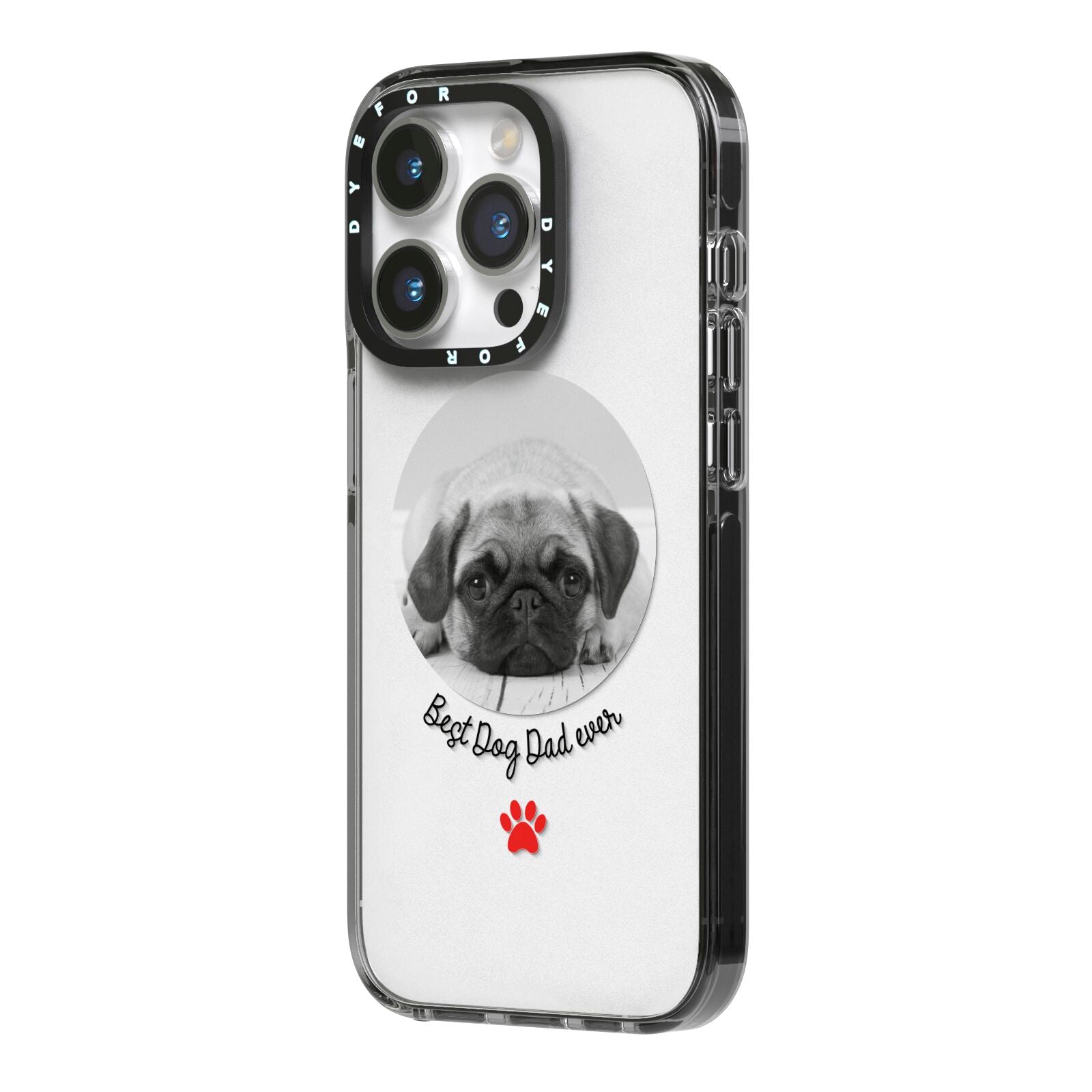 Best Dog Dad Ever Photo Upload iPhone 14 Pro Black Impact Case Side Angle on Silver phone