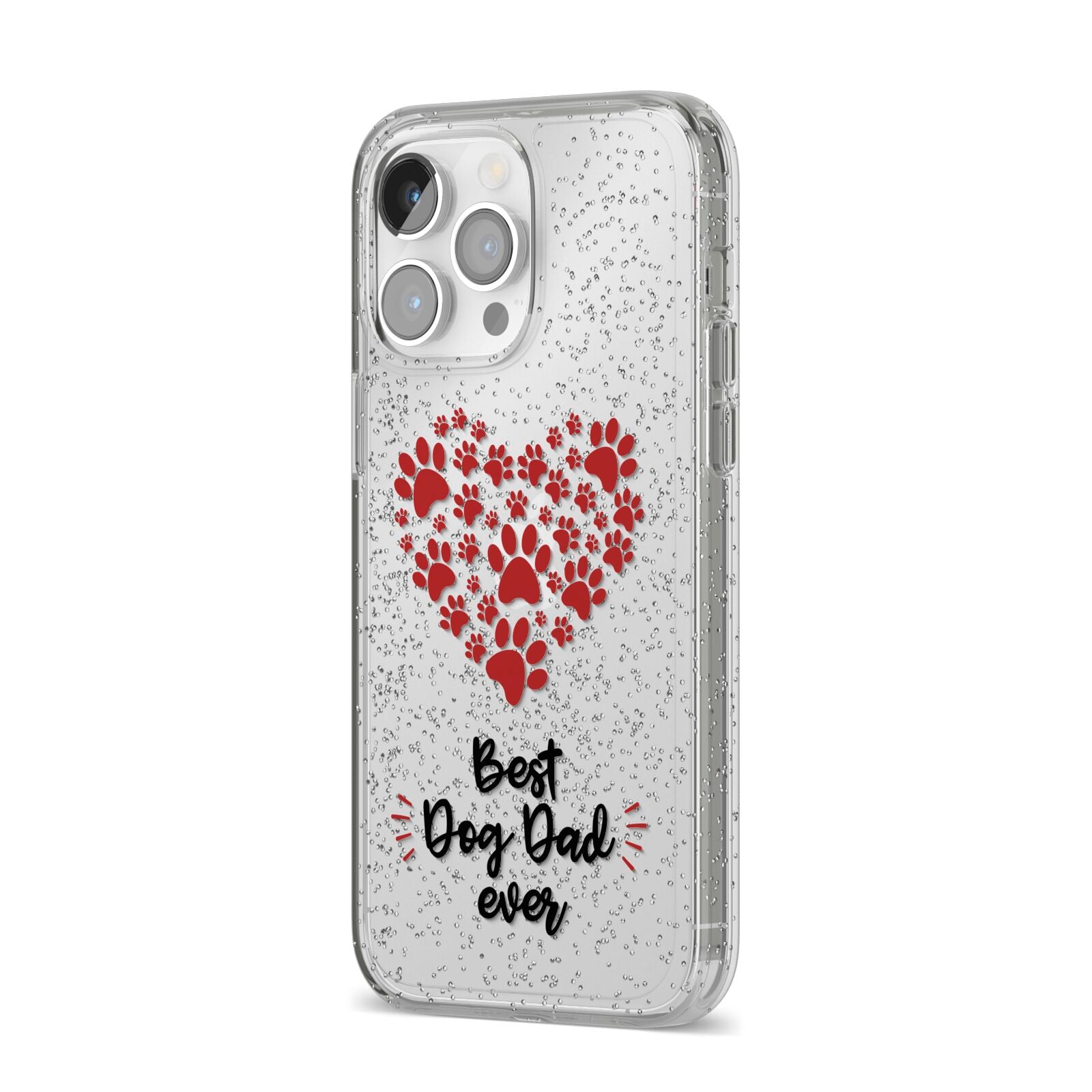 Best Dog Dad Paws iPhone 14 Pro Max Glitter Tough Case Silver Angled Image
