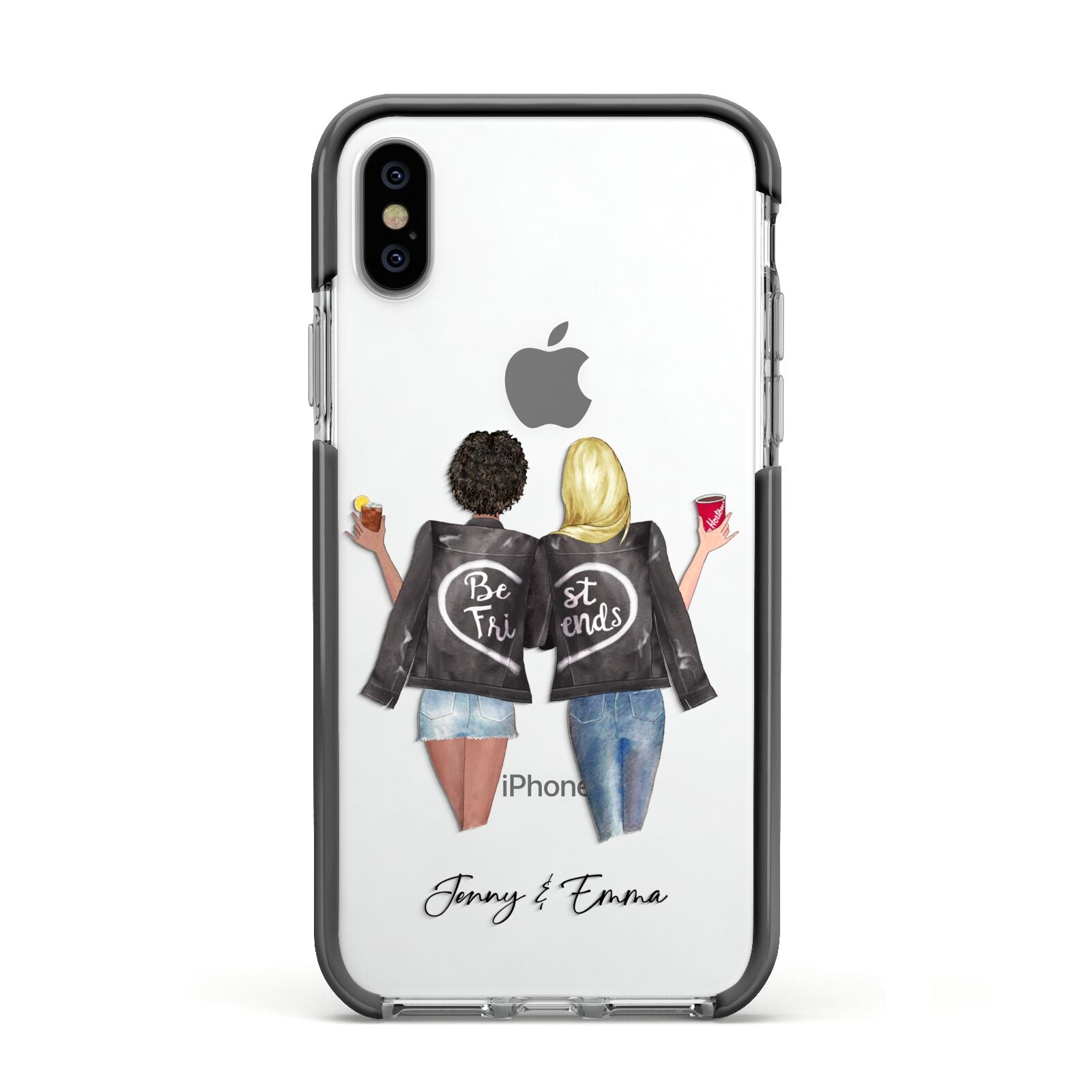 Best Friends Apple iPhone Xs Impact Case Black Edge on Silver Phone