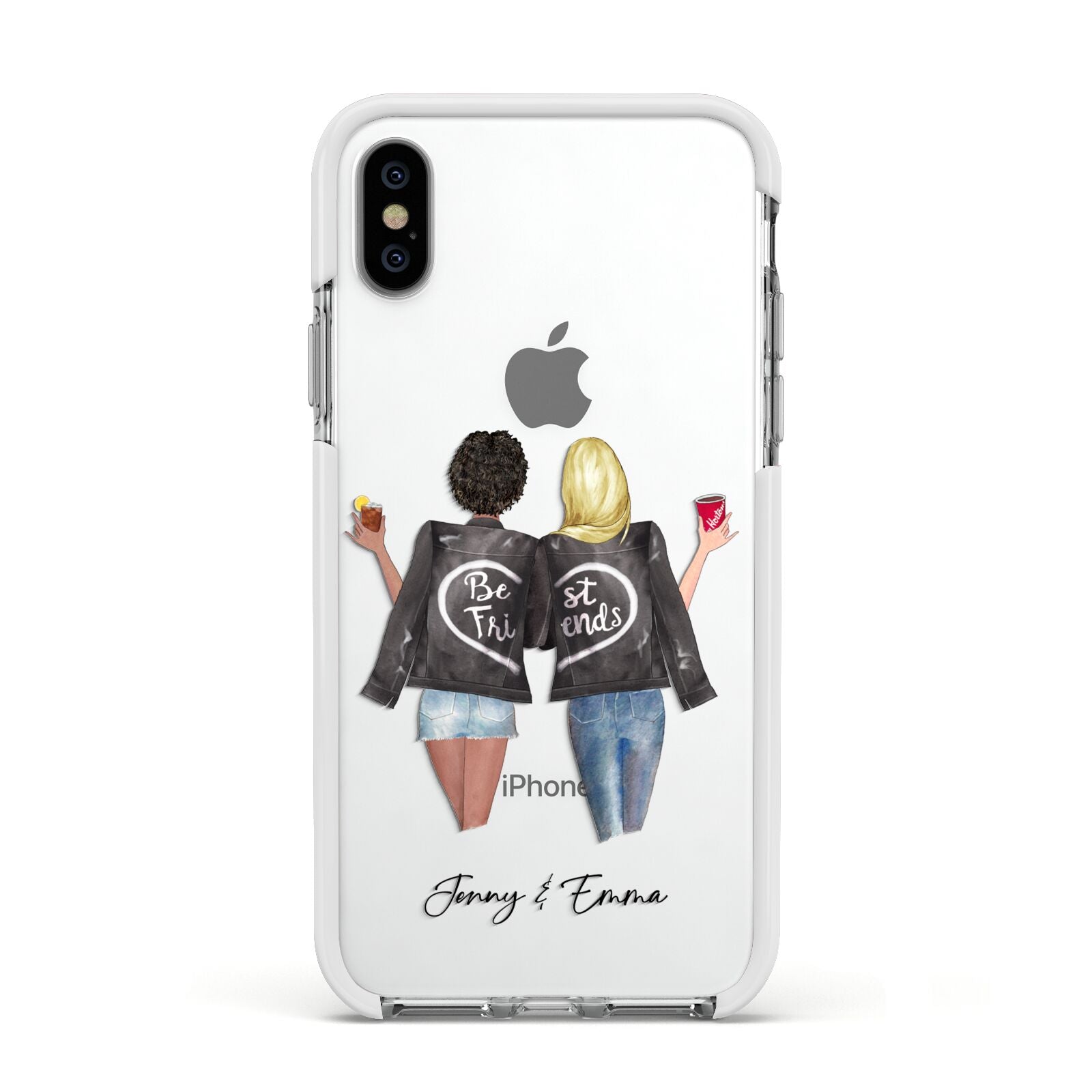 Best Friends Apple iPhone Xs Impact Case White Edge on Silver Phone