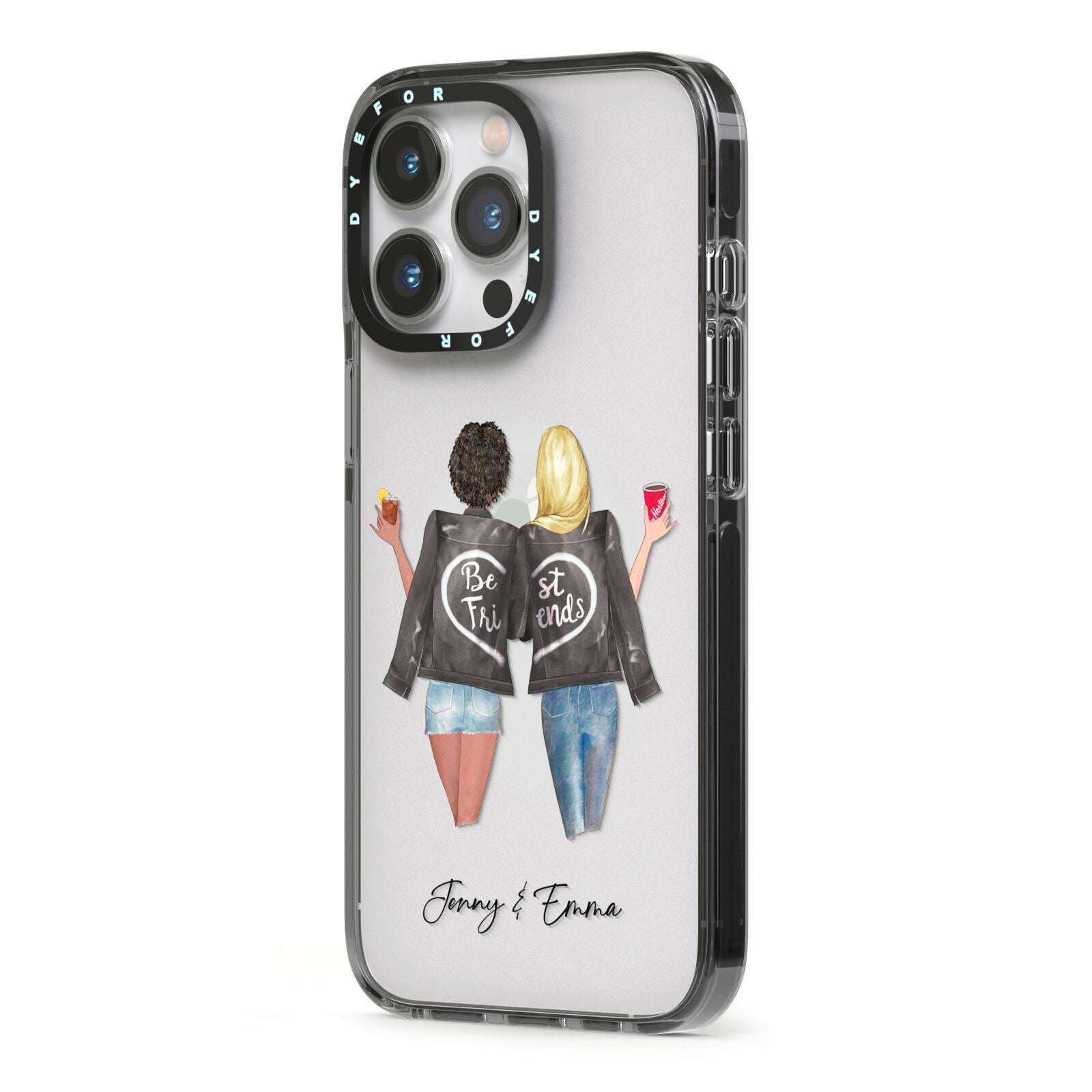 Best Friends iPhone 13 Pro Black Impact Case Side Angle on Silver phone