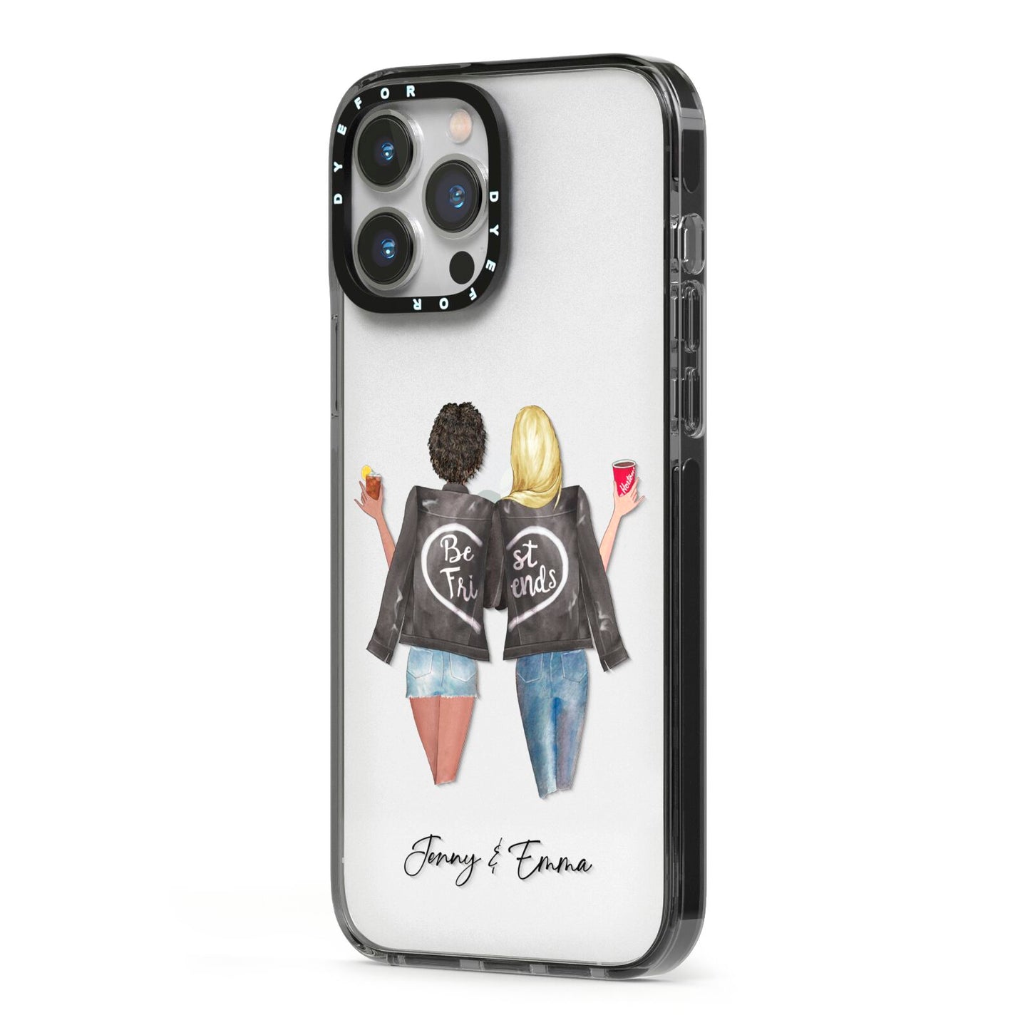 Best Friends iPhone 13 Pro Max Black Impact Case Side Angle on Silver phone