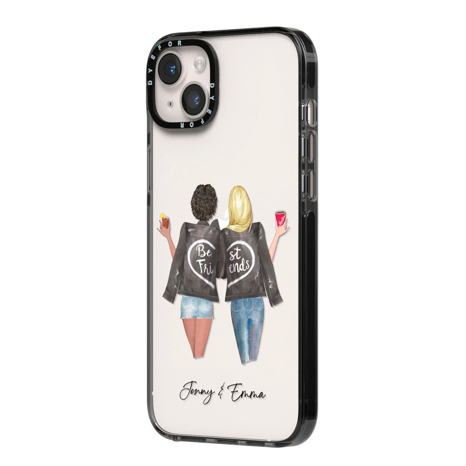 Best Friends iPhone 14 Plus Black Impact Case Side Angle on Silver phone