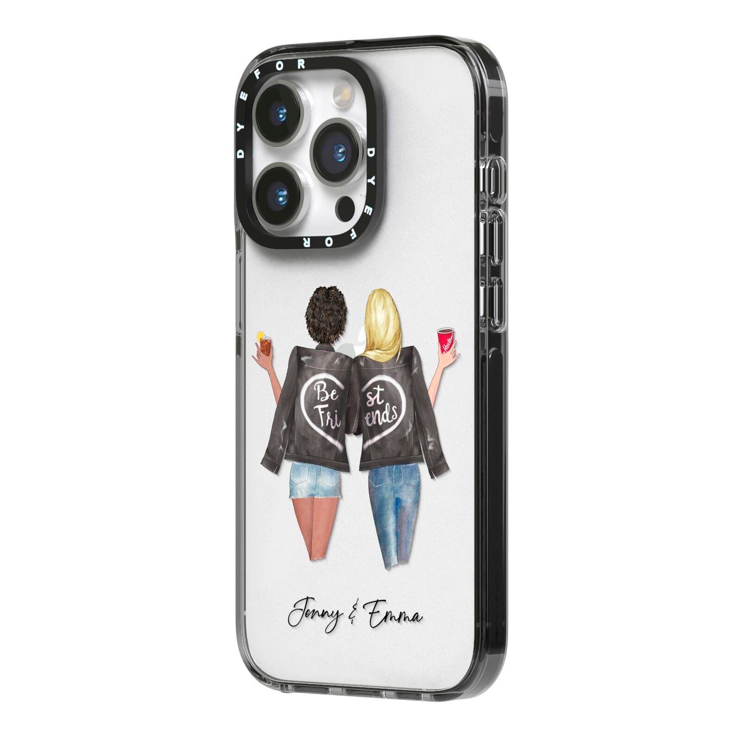 Best Friends iPhone 14 Pro Black Impact Case Side Angle on Silver phone