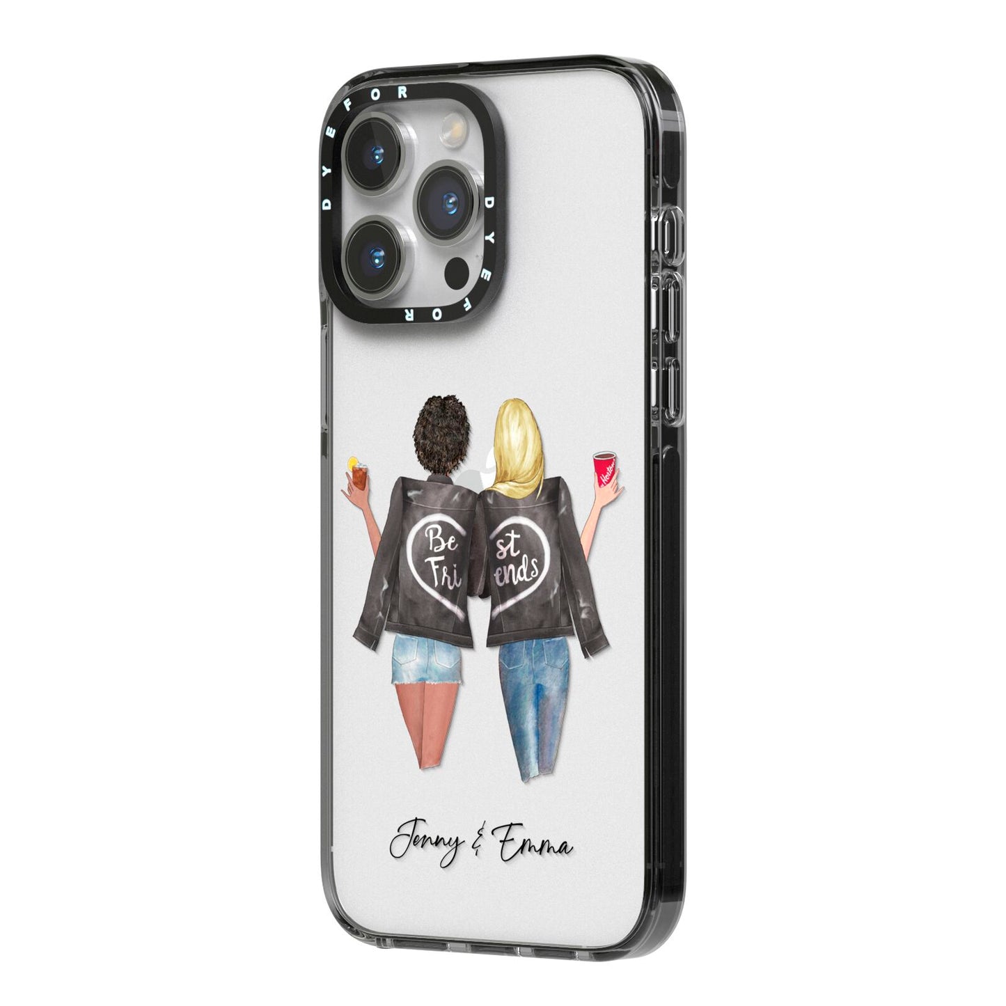 Best Friends iPhone 14 Pro Max Black Impact Case Side Angle on Silver phone