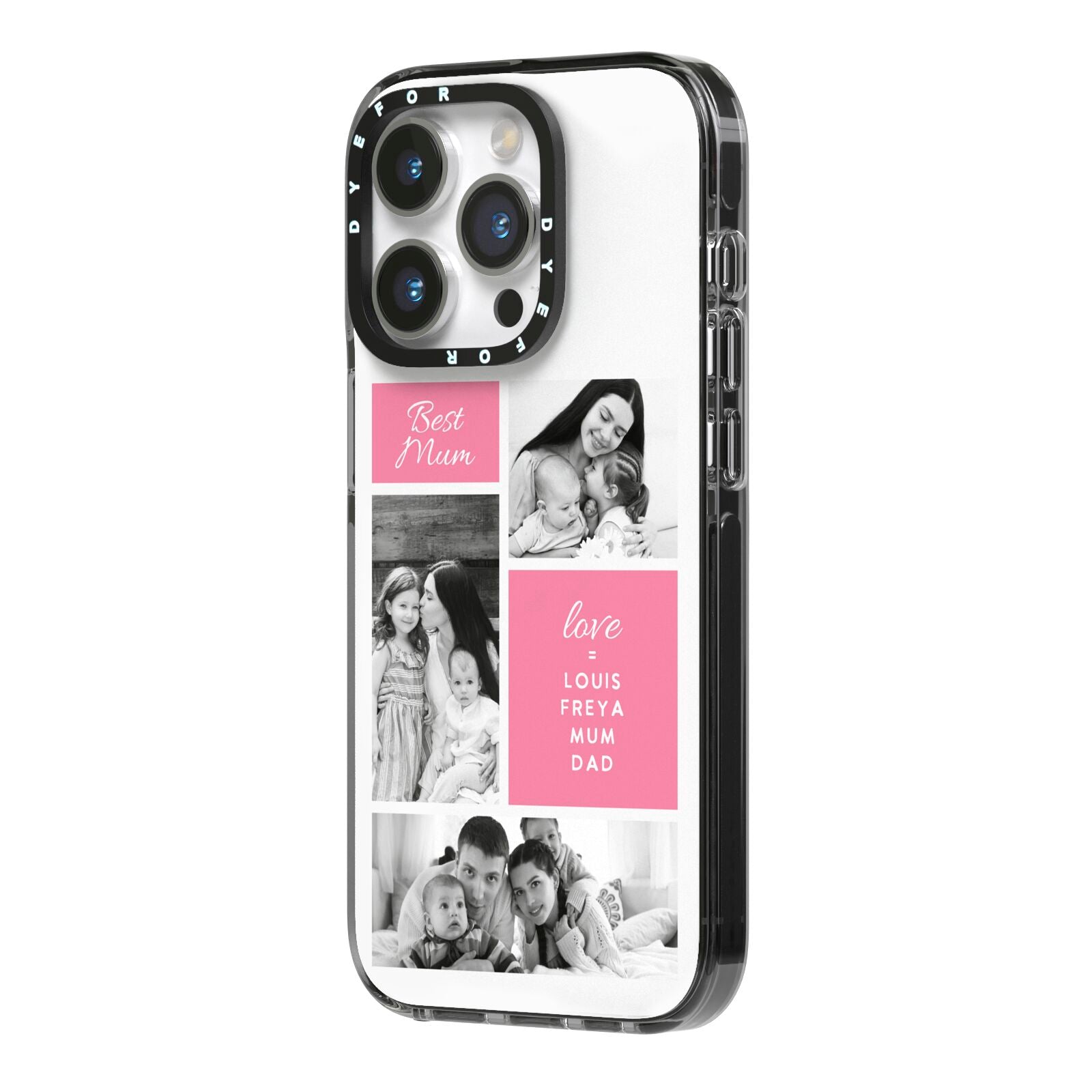 Best Mum Photo Collage Personalised iPhone 14 Pro Black Impact Case Side Angle on Silver phone