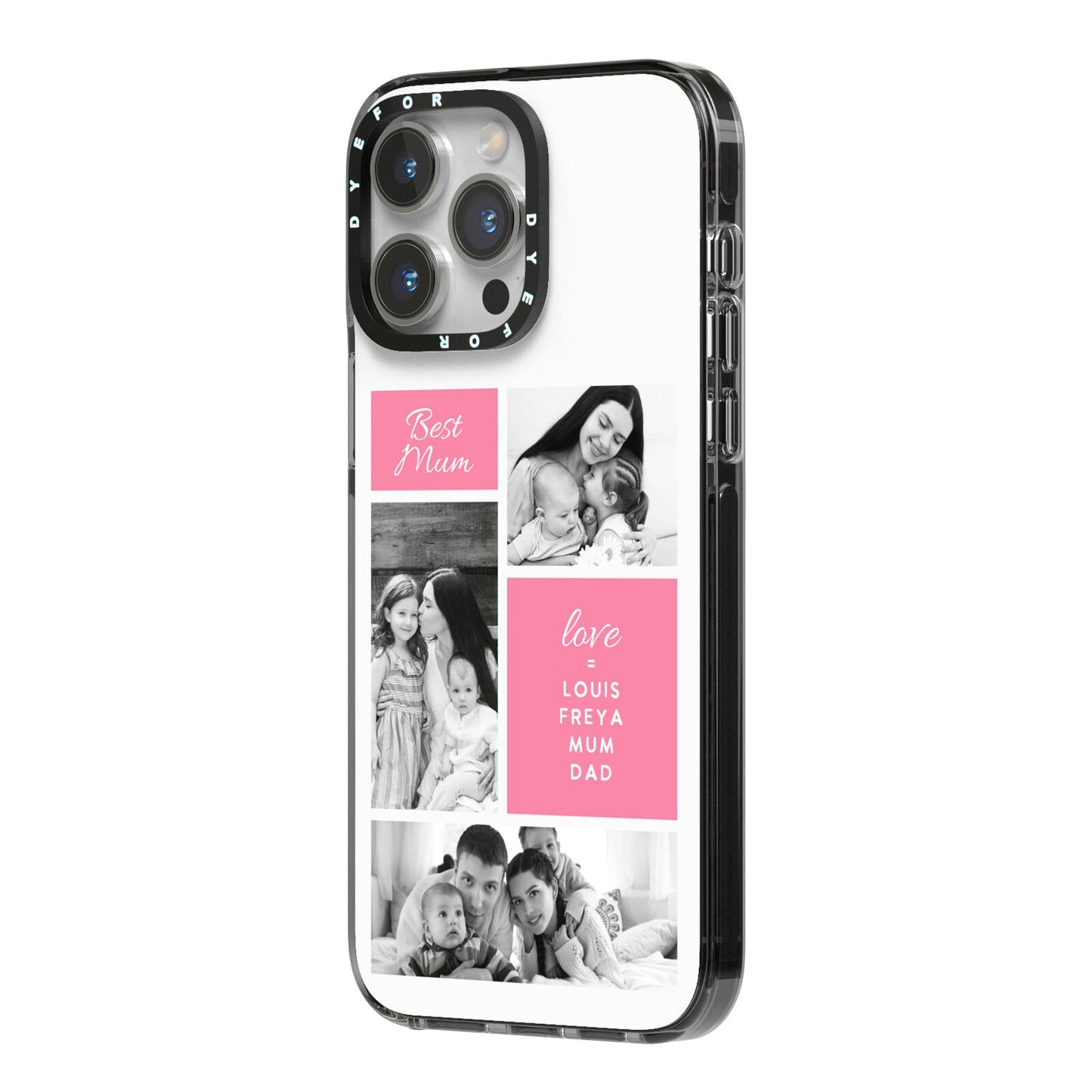 Best Mum Photo Collage Personalised iPhone 14 Pro Max Black Impact Case Side Angle on Silver phone