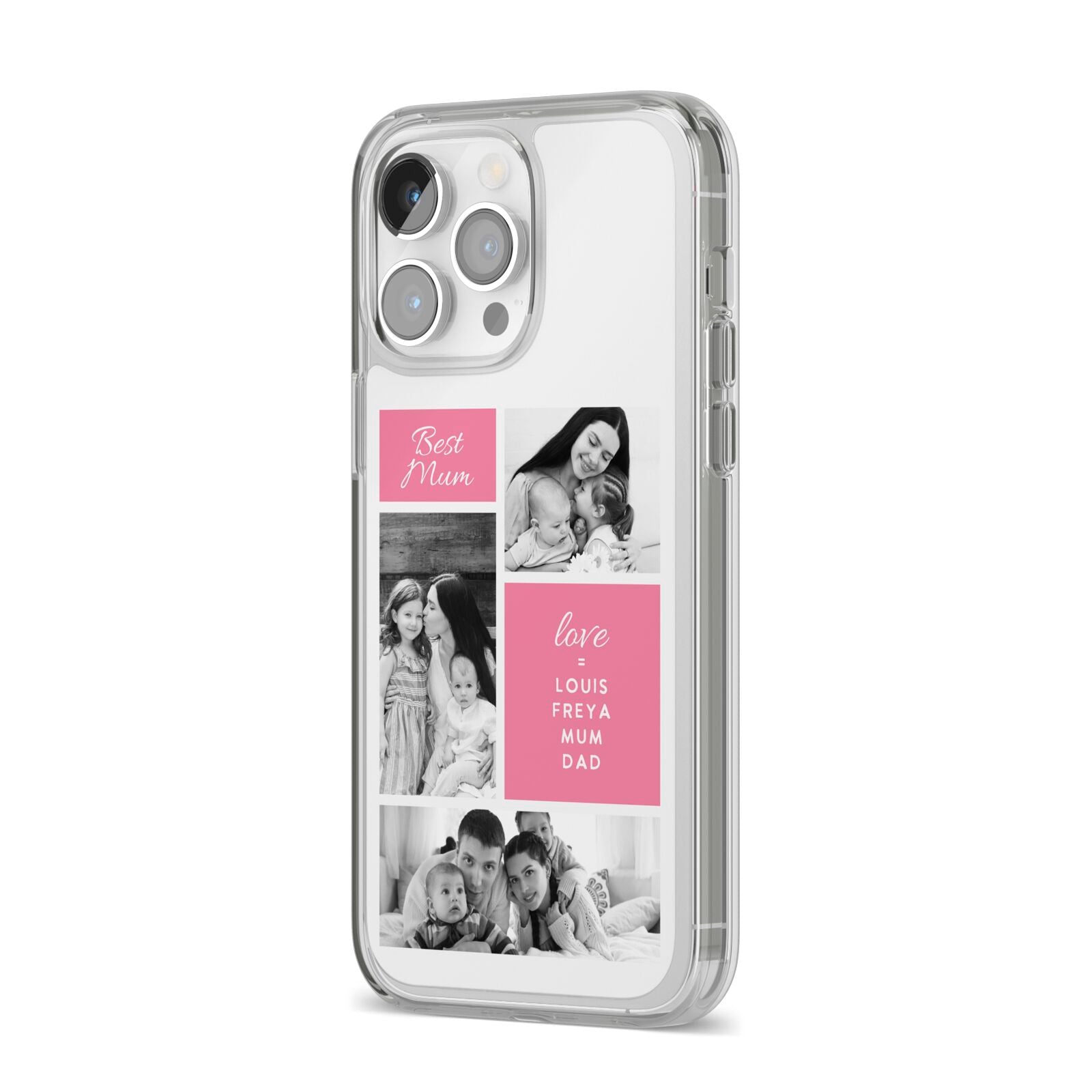 Best Mum Photo Collage Personalised iPhone 14 Pro Max Clear Tough Case Silver Angled Image