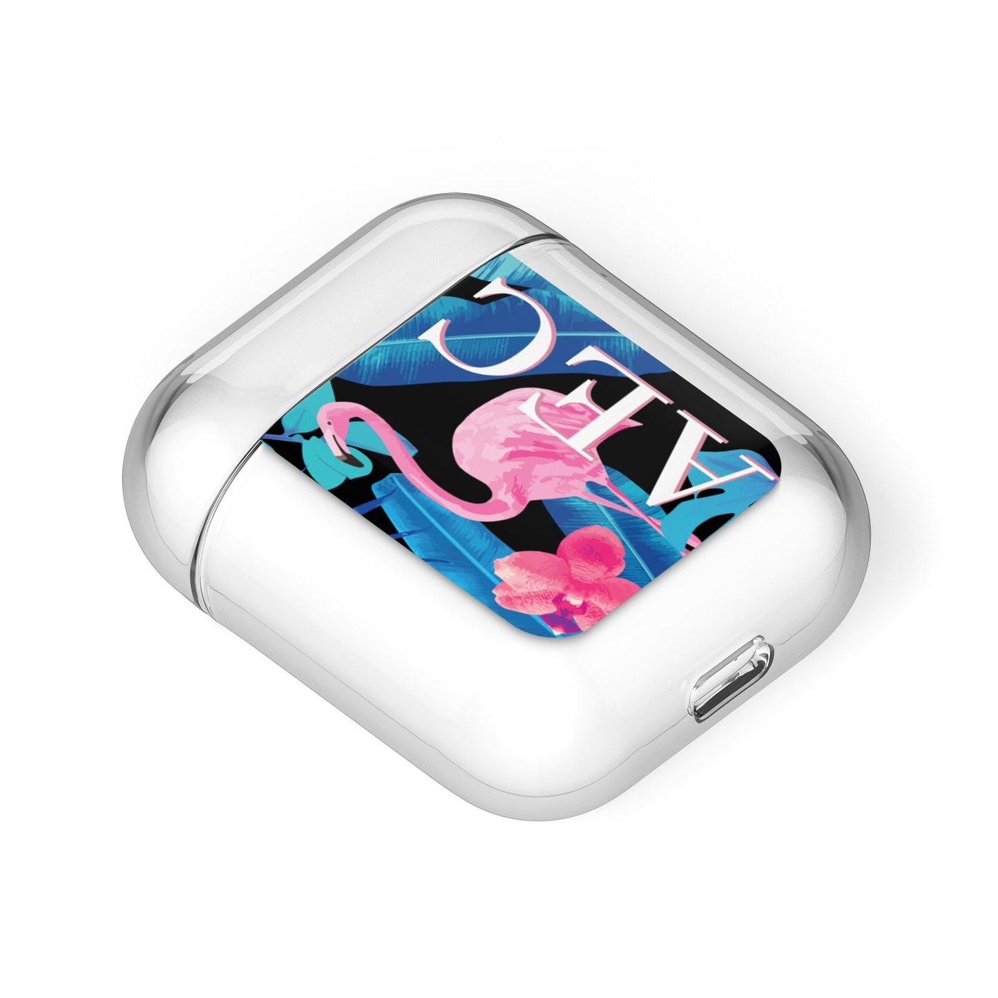 Black Blue Tropical Flamingo AirPods Case Laid Flat