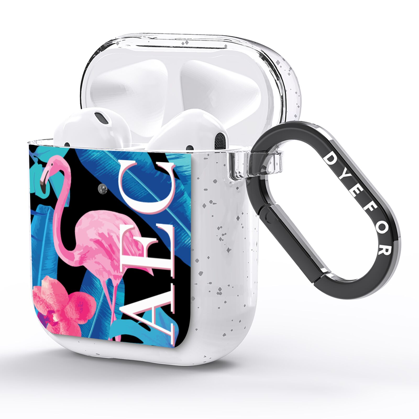 Black Blue Tropical Flamingo AirPods Glitter Case Side Image