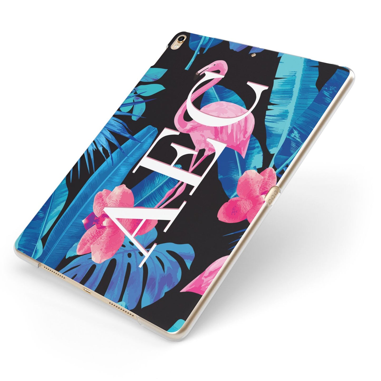 Black Blue Tropical Flamingo Apple iPad Case on Gold iPad Side View