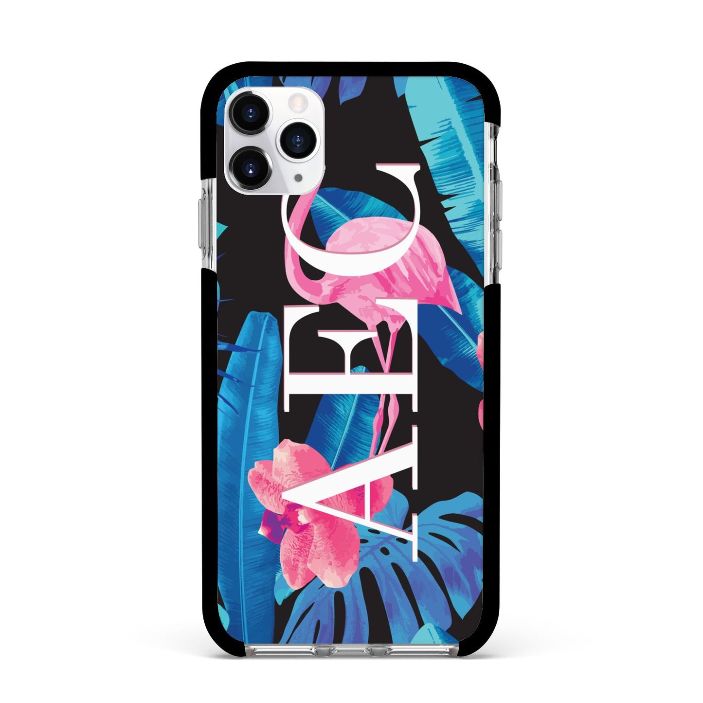 Black Blue Tropical Flamingo Apple iPhone 11 Pro Max in Silver with Black Impact Case