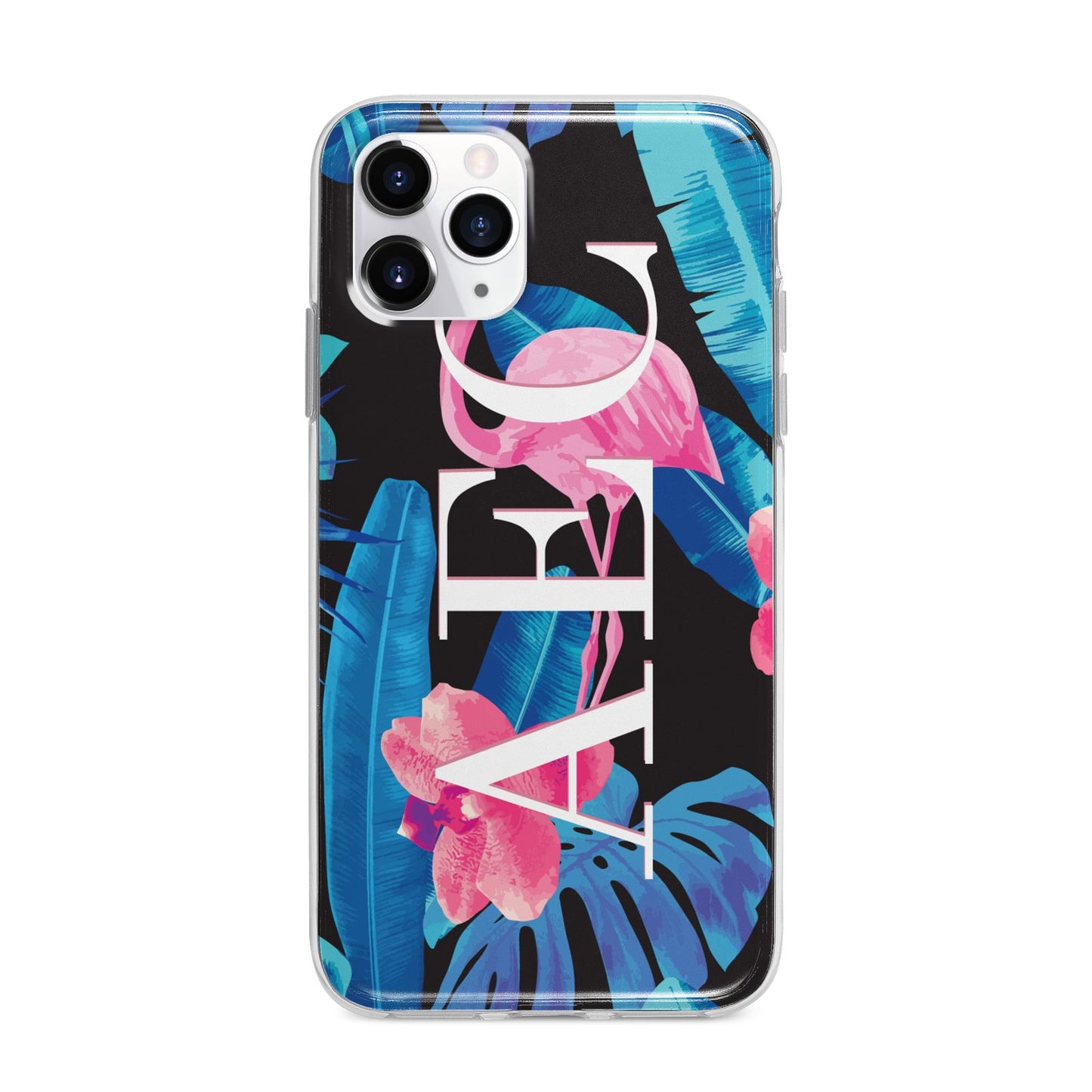 Black Blue Tropical Flamingo Apple iPhone 11 Pro Max in Silver with Bumper Case