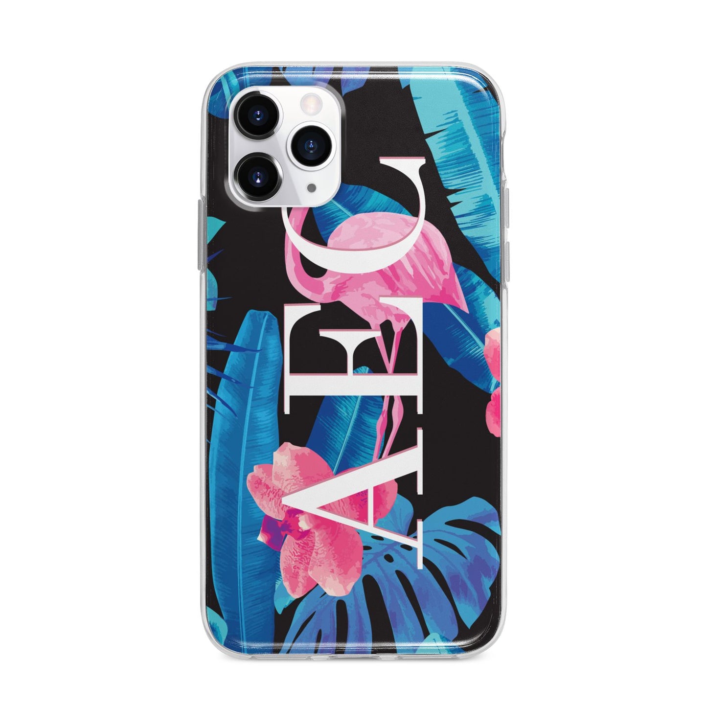 Black Blue Tropical Flamingo Apple iPhone 11 Pro in Silver with Bumper Case