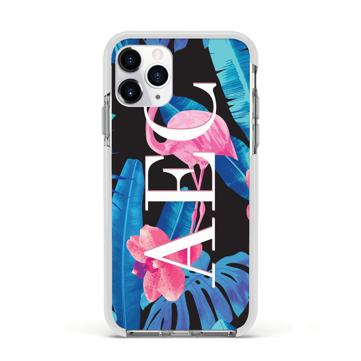 Black Blue Tropical Flamingo Apple iPhone 11 Pro in Silver with White Impact Case