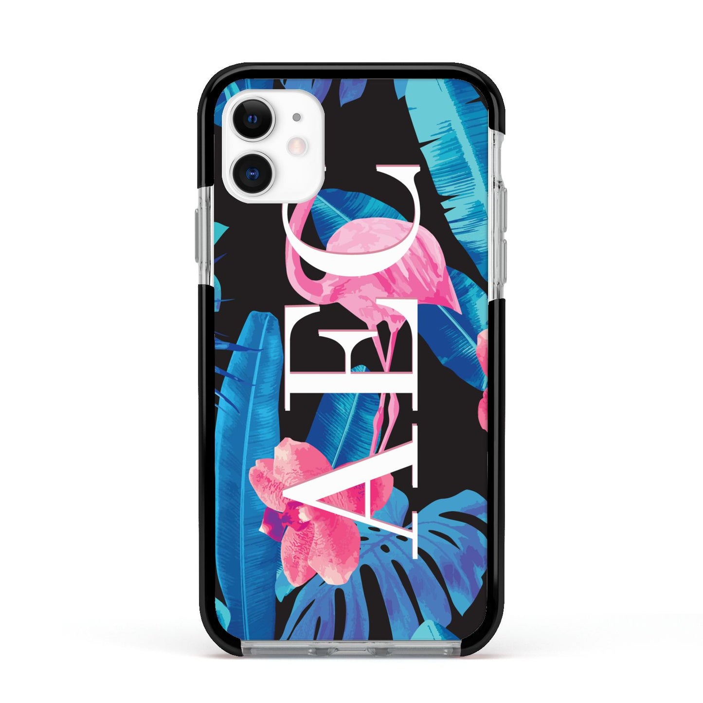 Black Blue Tropical Flamingo Apple iPhone 11 in White with Black Impact Case