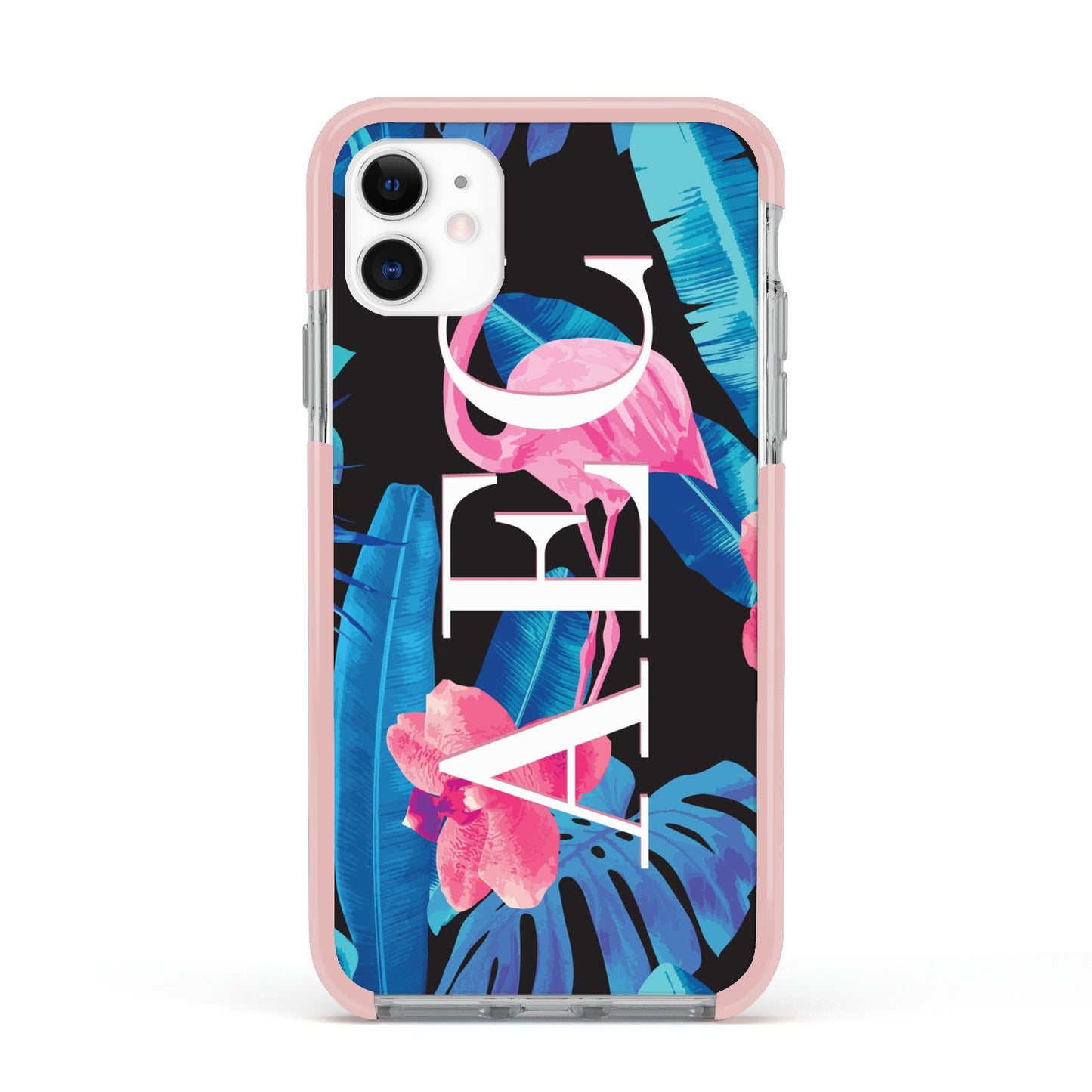 Black Blue Tropical Flamingo Apple iPhone 11 in White with Pink Impact Case