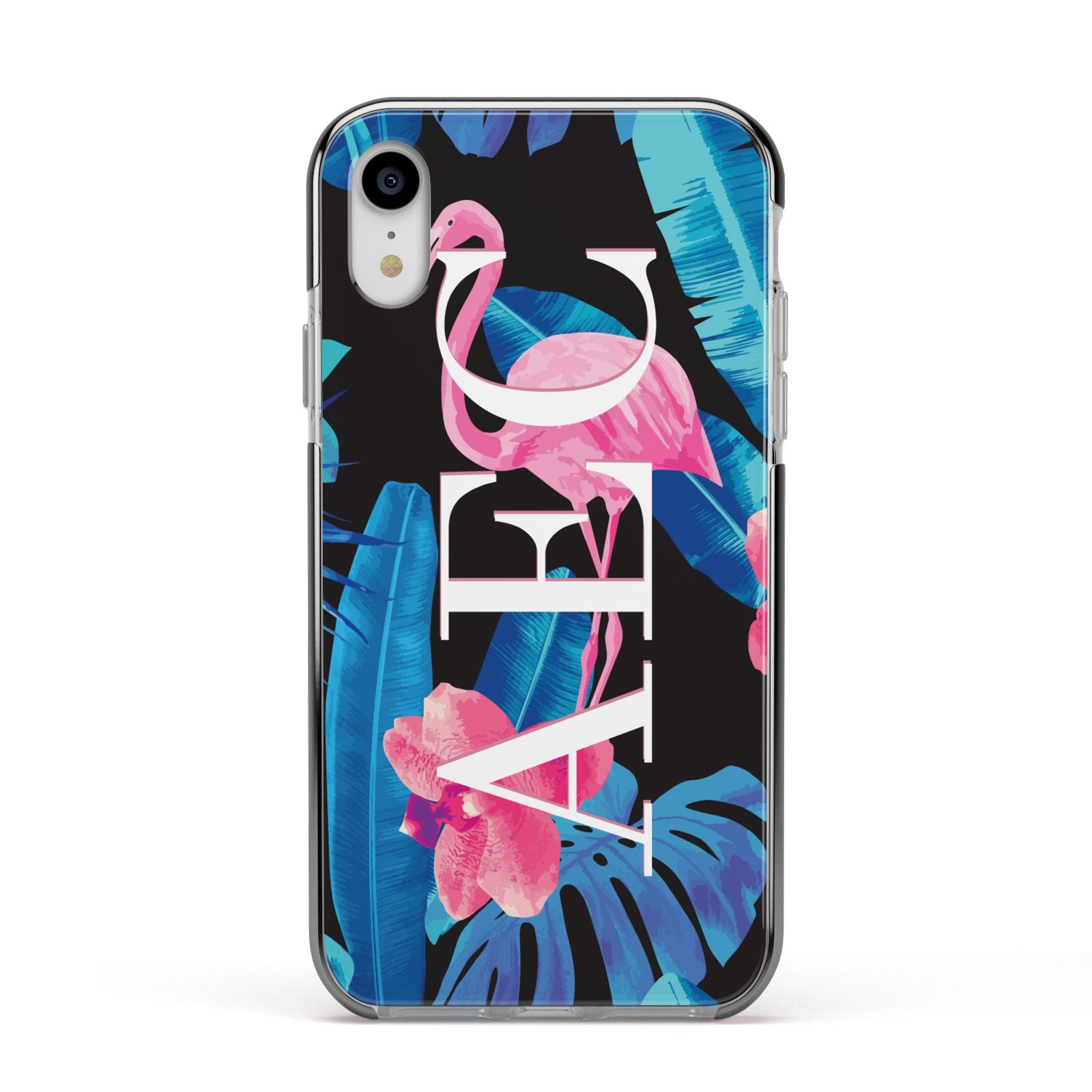 Black Blue Tropical Flamingo Apple iPhone XR Impact Case Black Edge on Silver Phone