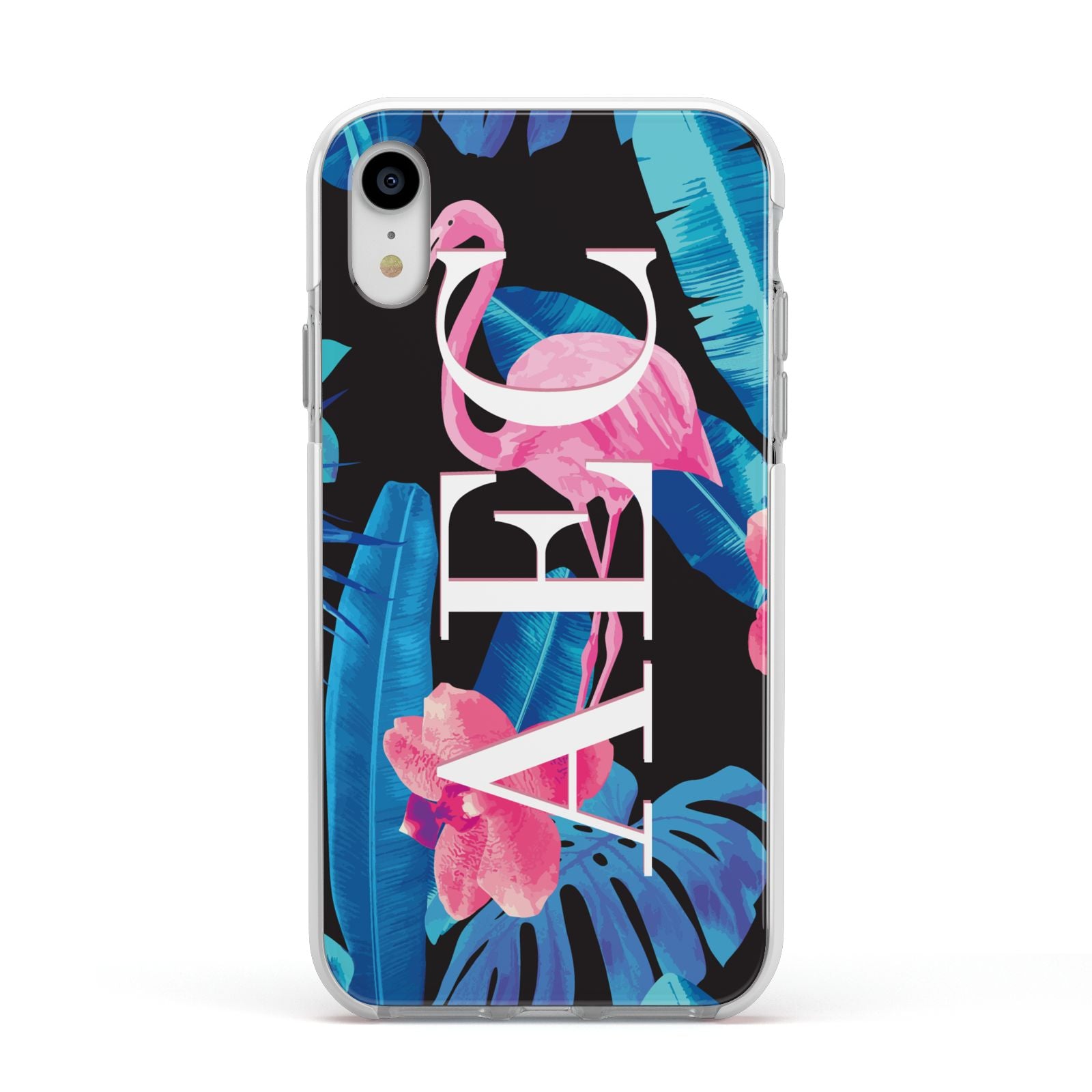 Black Blue Tropical Flamingo Apple iPhone XR Impact Case White Edge on Silver Phone