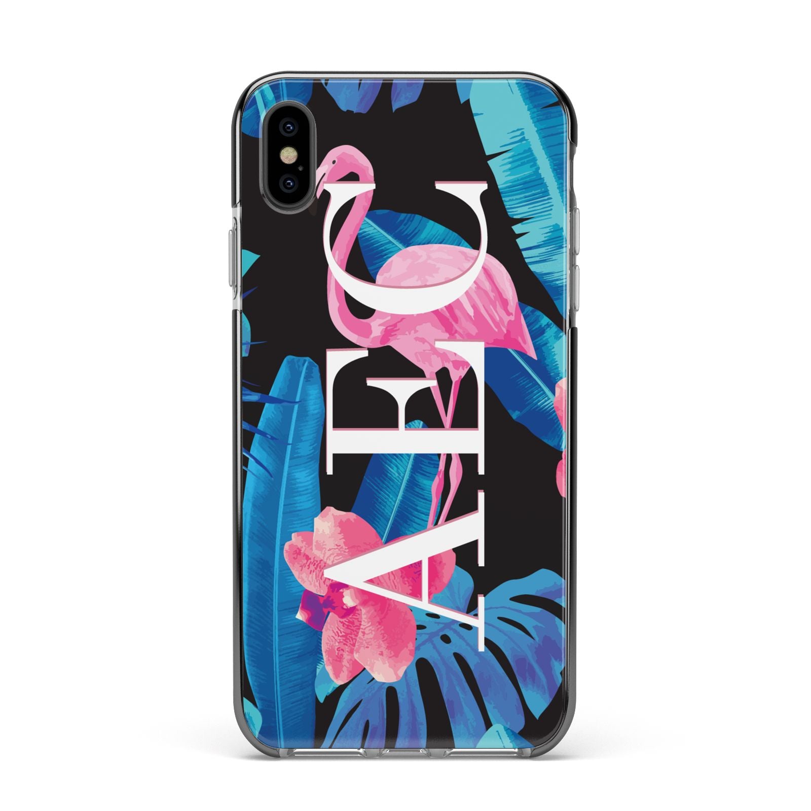 Black Blue Tropical Flamingo Apple iPhone Xs Max Impact Case Black Edge on Black Phone