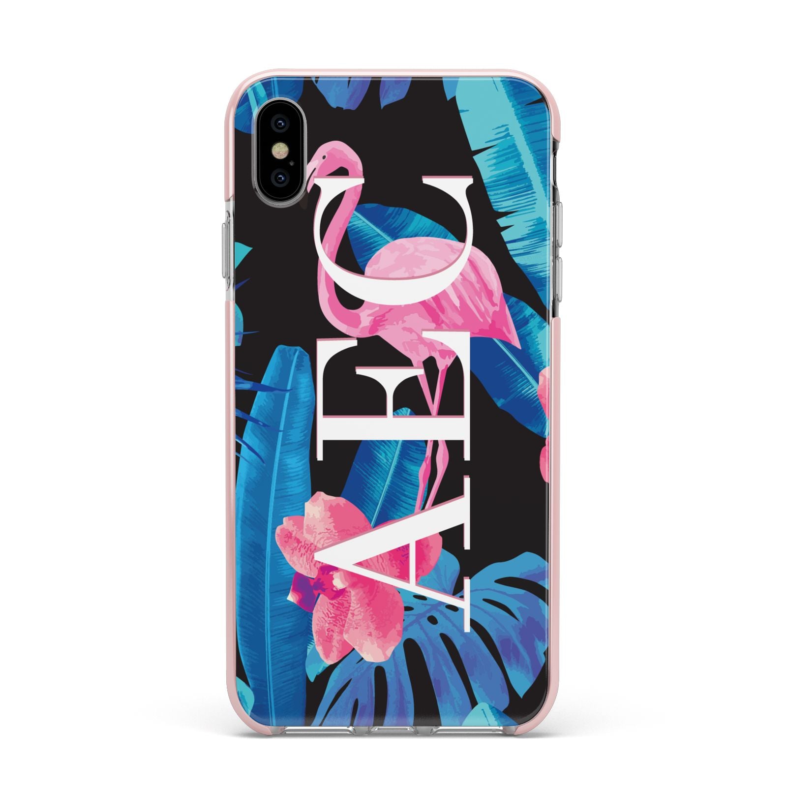 Black Blue Tropical Flamingo Apple iPhone Xs Max Impact Case Pink Edge on Silver Phone