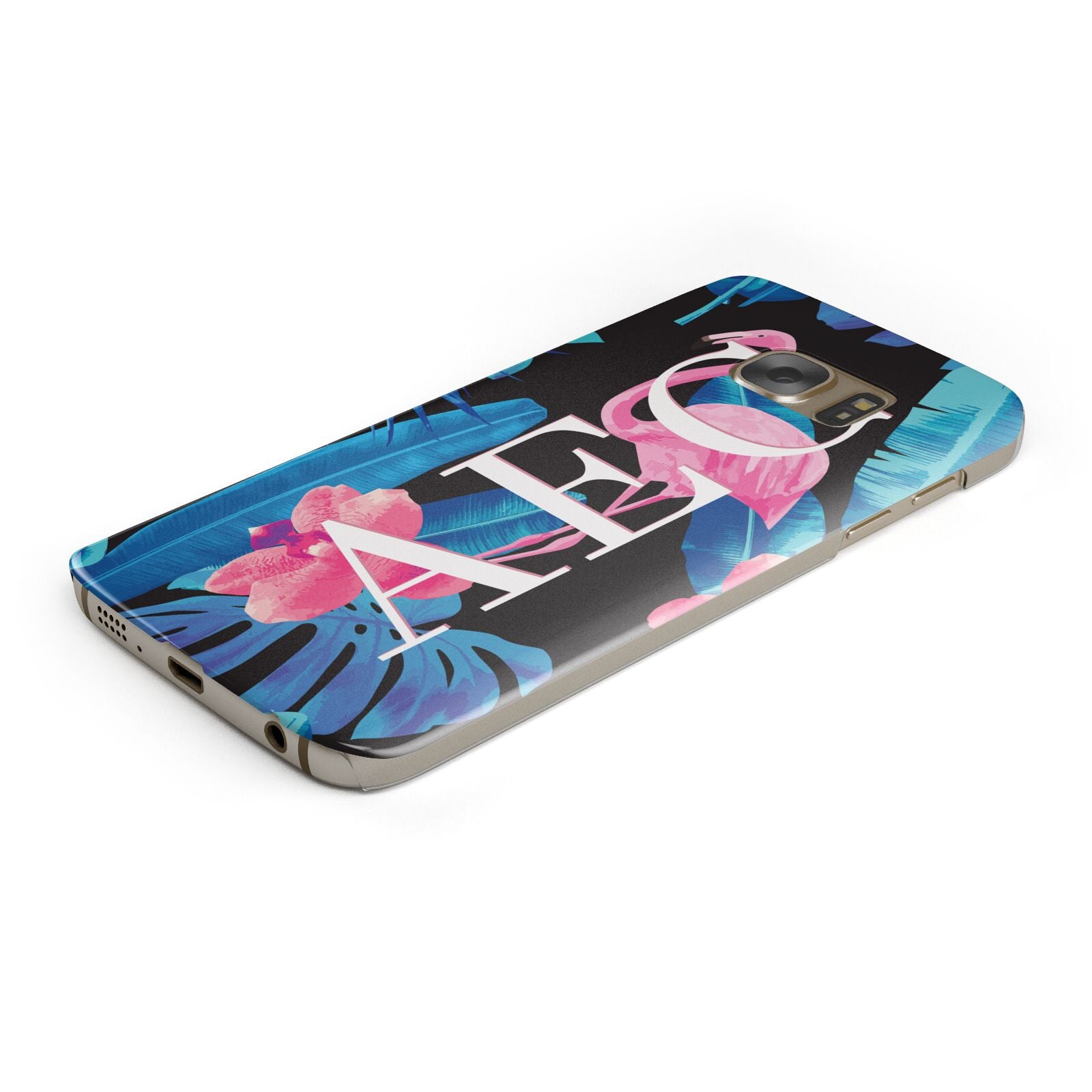 Black Blue Tropical Flamingo Protective Samsung Galaxy Case Angled Image