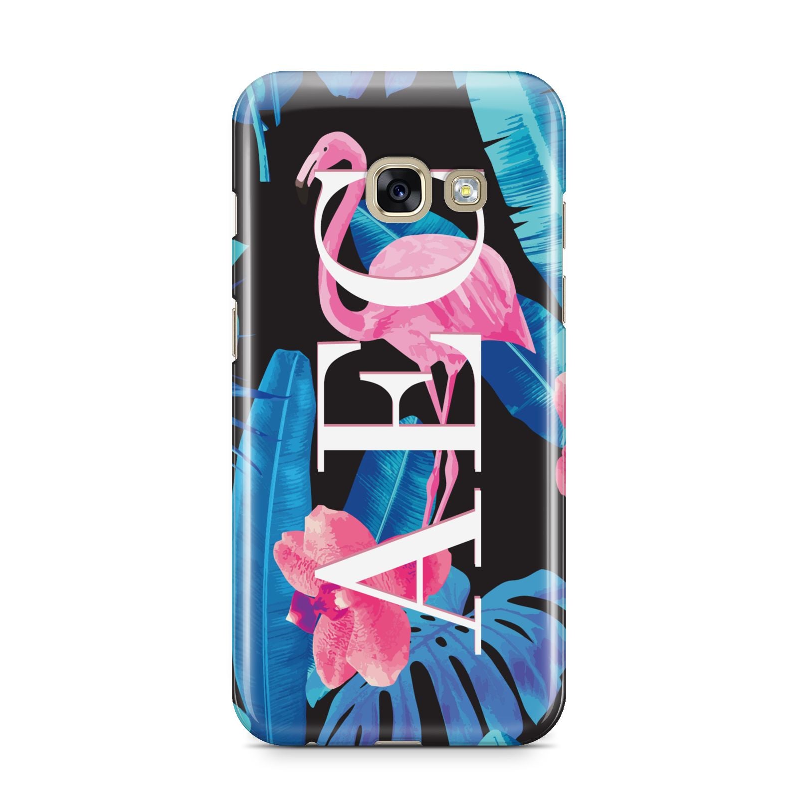 Black Blue Tropical Flamingo Samsung Galaxy A3 2017 Case on gold phone