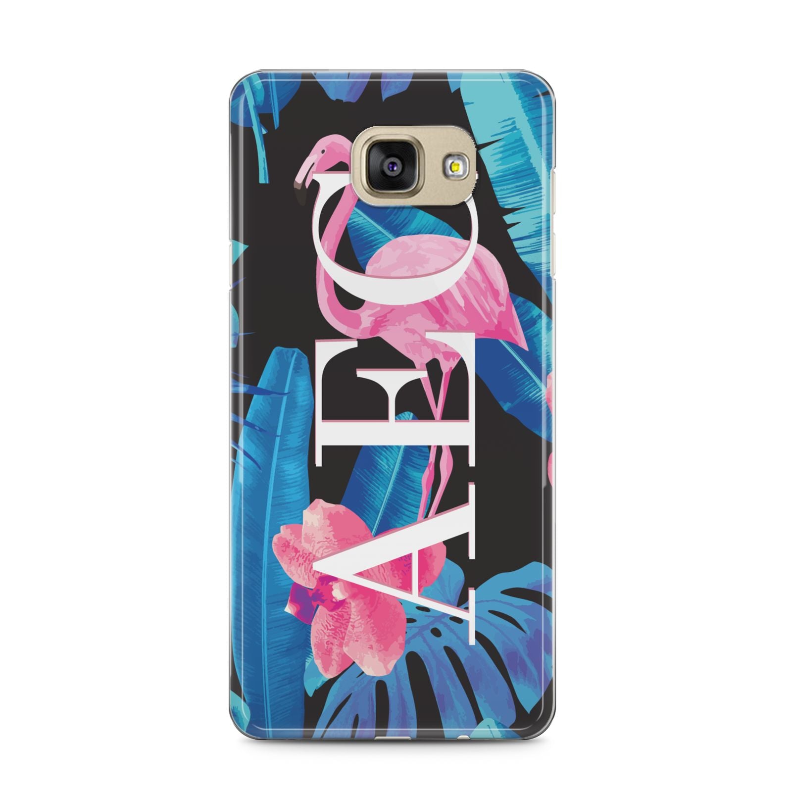 Black Blue Tropical Flamingo Samsung Galaxy A5 2016 Case on gold phone