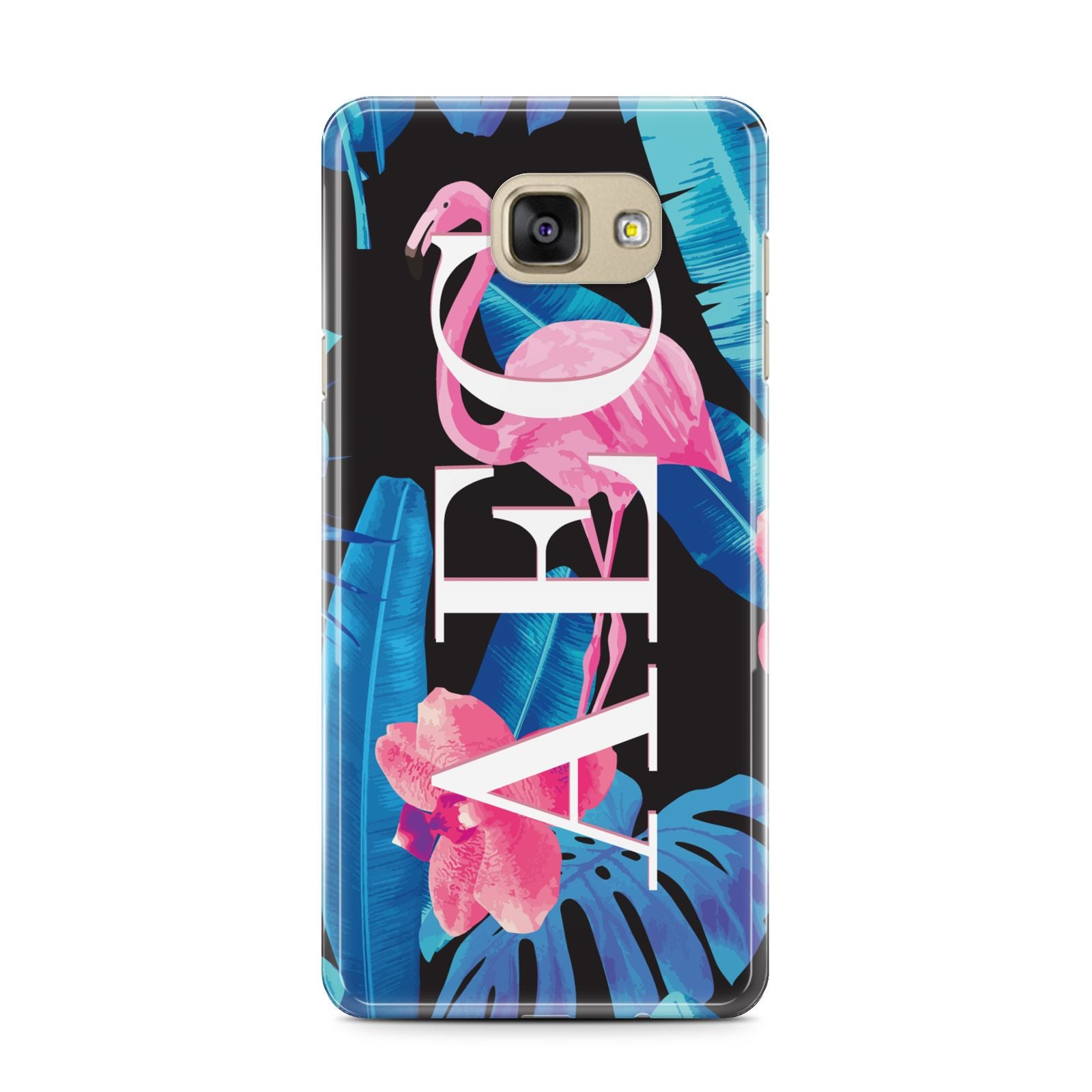 Black Blue Tropical Flamingo Samsung Galaxy A7 2016 Case on gold phone