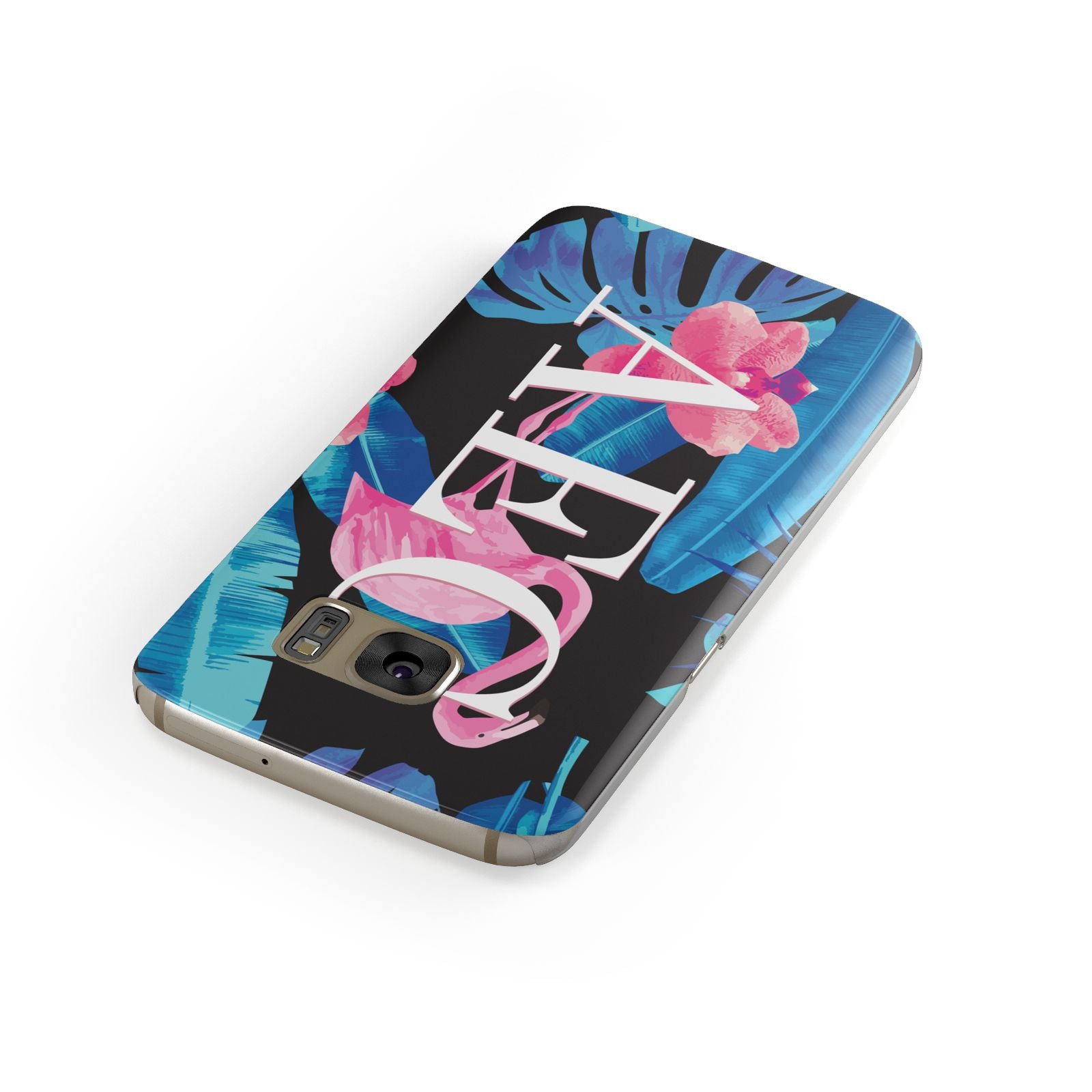 Black Blue Tropical Flamingo Samsung Galaxy Case Front Close Up