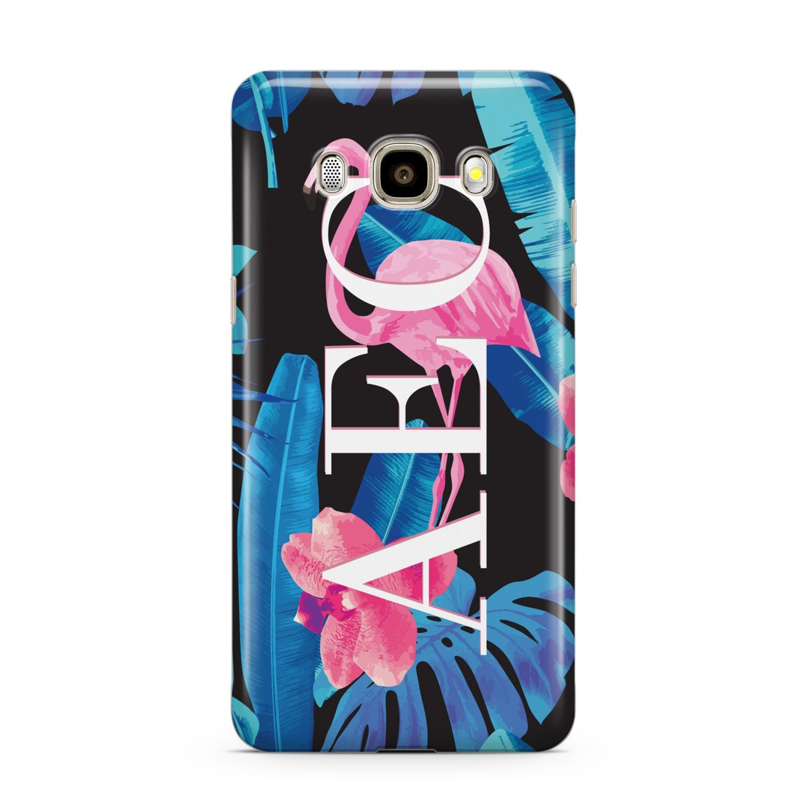 Black Blue Tropical Flamingo Samsung Galaxy J7 2016 Case on gold phone