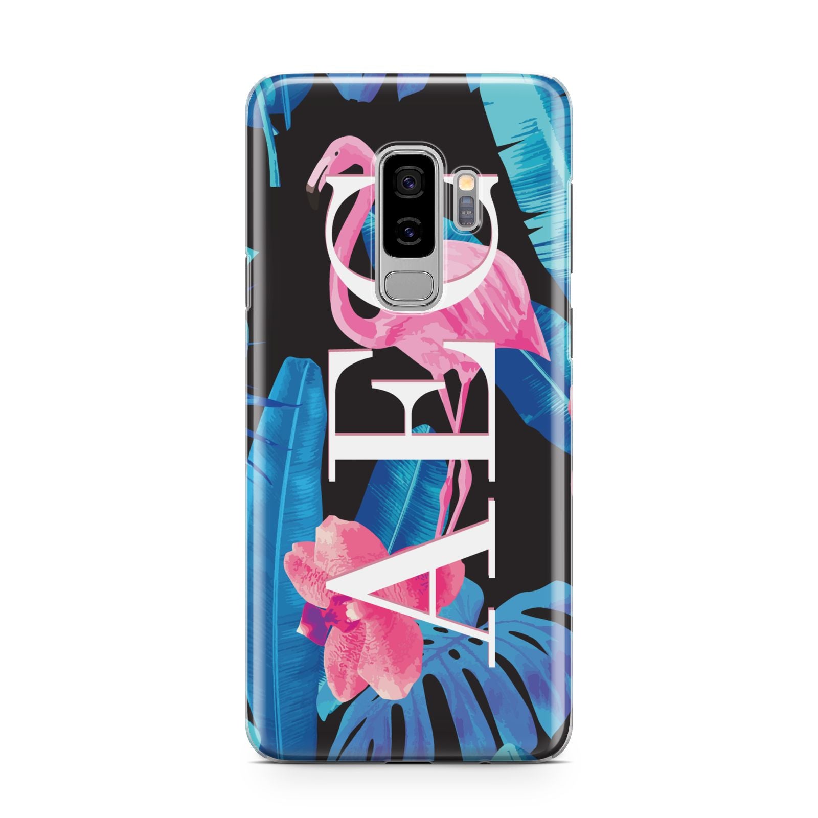 Black Blue Tropical Flamingo Samsung Galaxy S9 Plus Case on Silver phone