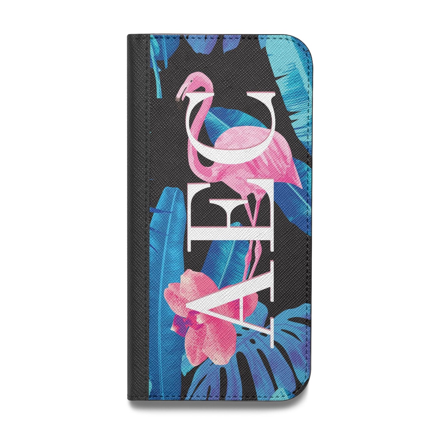 Black Blue Tropical Flamingo Vegan Leather Flip iPhone Case