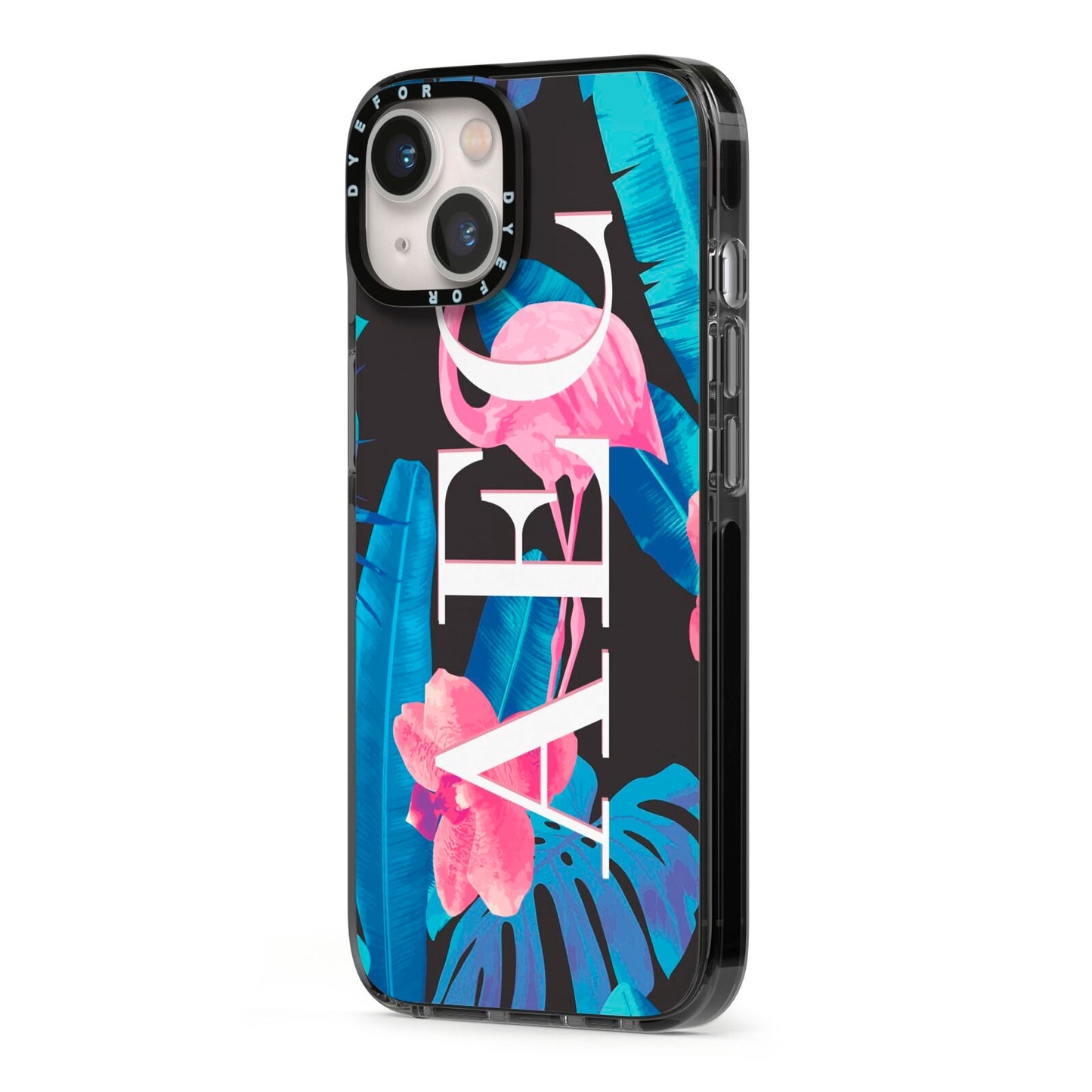 Black Blue Tropical Flamingo iPhone 13 Black Impact Case Side Angle on Silver phone