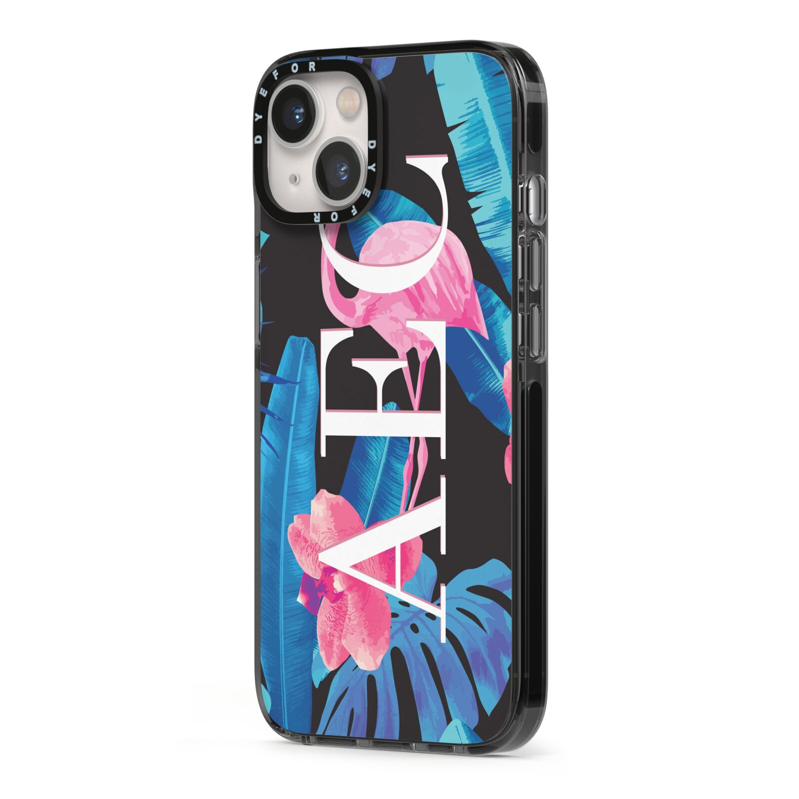 Black Blue Tropical Flamingo iPhone 13 Black Impact Case Side Angle on Silver phone