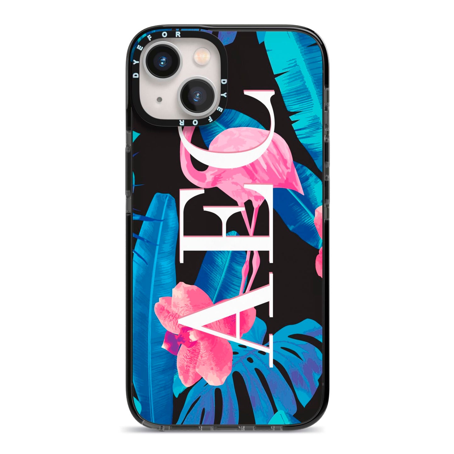 Black Blue Tropical Flamingo iPhone 13 Black Impact Case on Silver phone