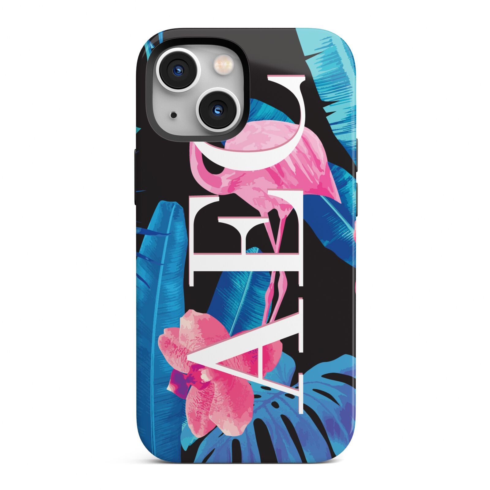 Black Blue Tropical Flamingo iPhone 13 Mini Full Wrap 3D Tough Case