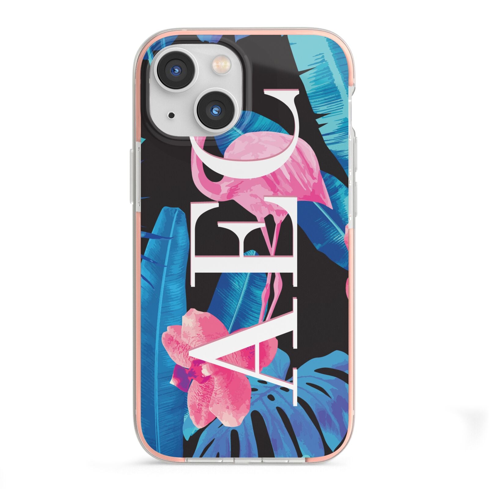 Black Blue Tropical Flamingo iPhone 13 Mini TPU Impact Case with Pink Edges