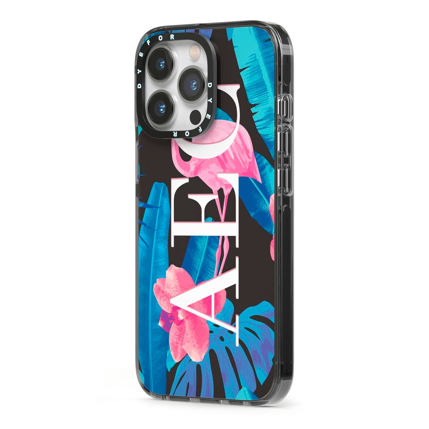 Black Blue Tropical Flamingo iPhone 13 Pro Black Impact Case Side Angle on Silver phone