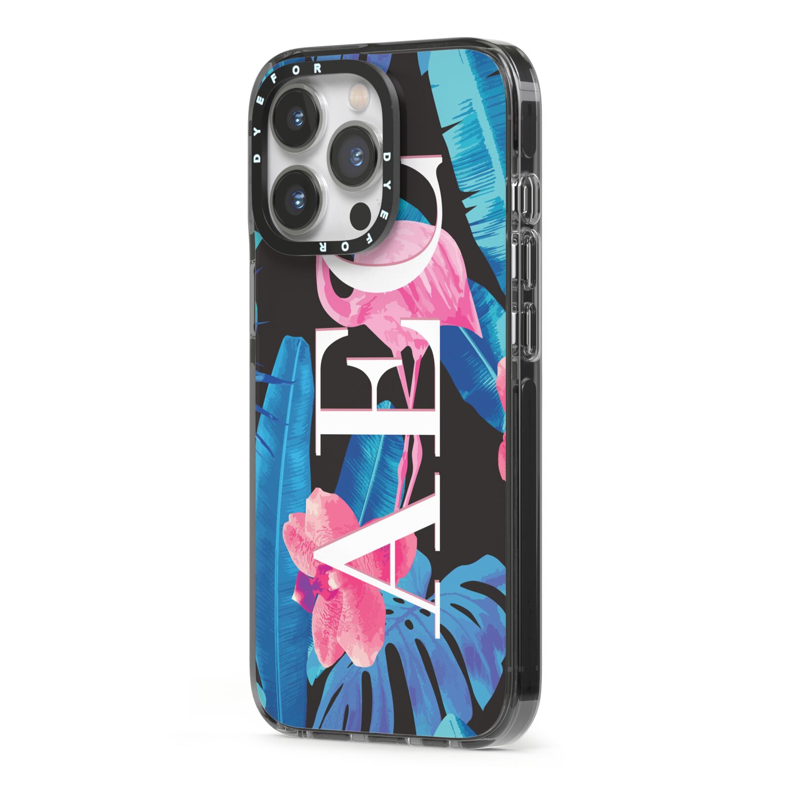 Black Blue Tropical Flamingo iPhone 13 Pro Black Impact Case Side Angle on Silver phone