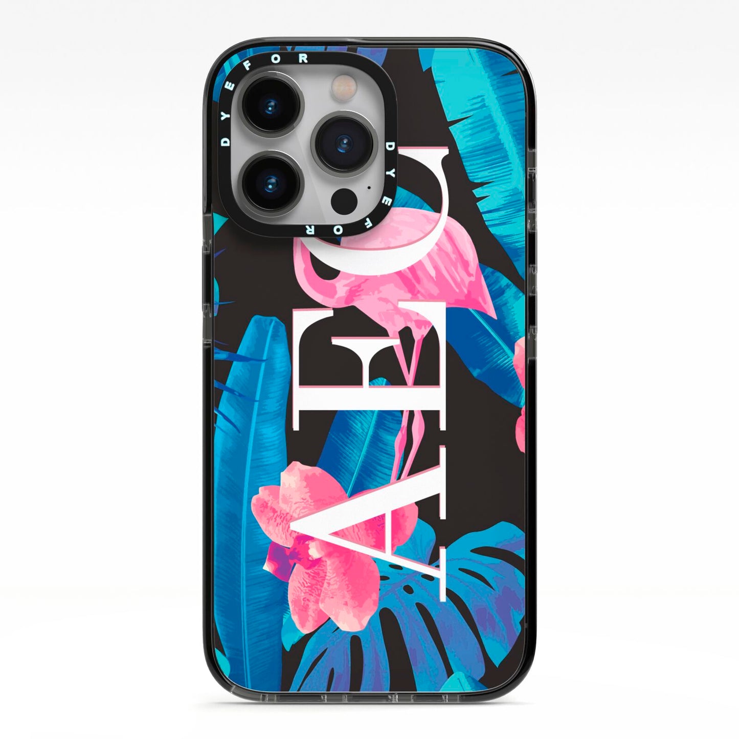 Black Blue Tropical Flamingo iPhone 13 Pro Black Impact Case on Silver phone