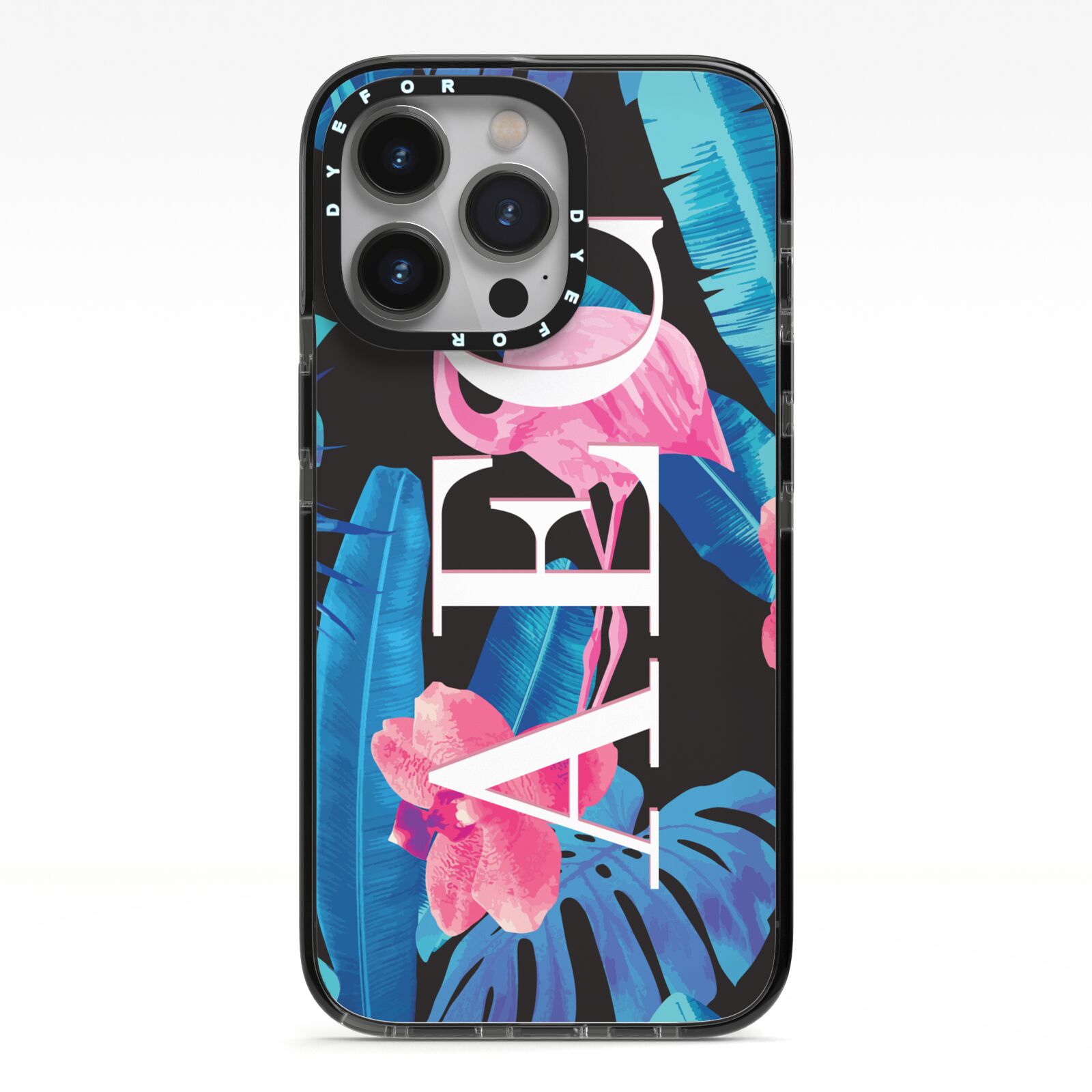 Black Blue Tropical Flamingo iPhone 13 Pro Black Impact Case on Silver phone