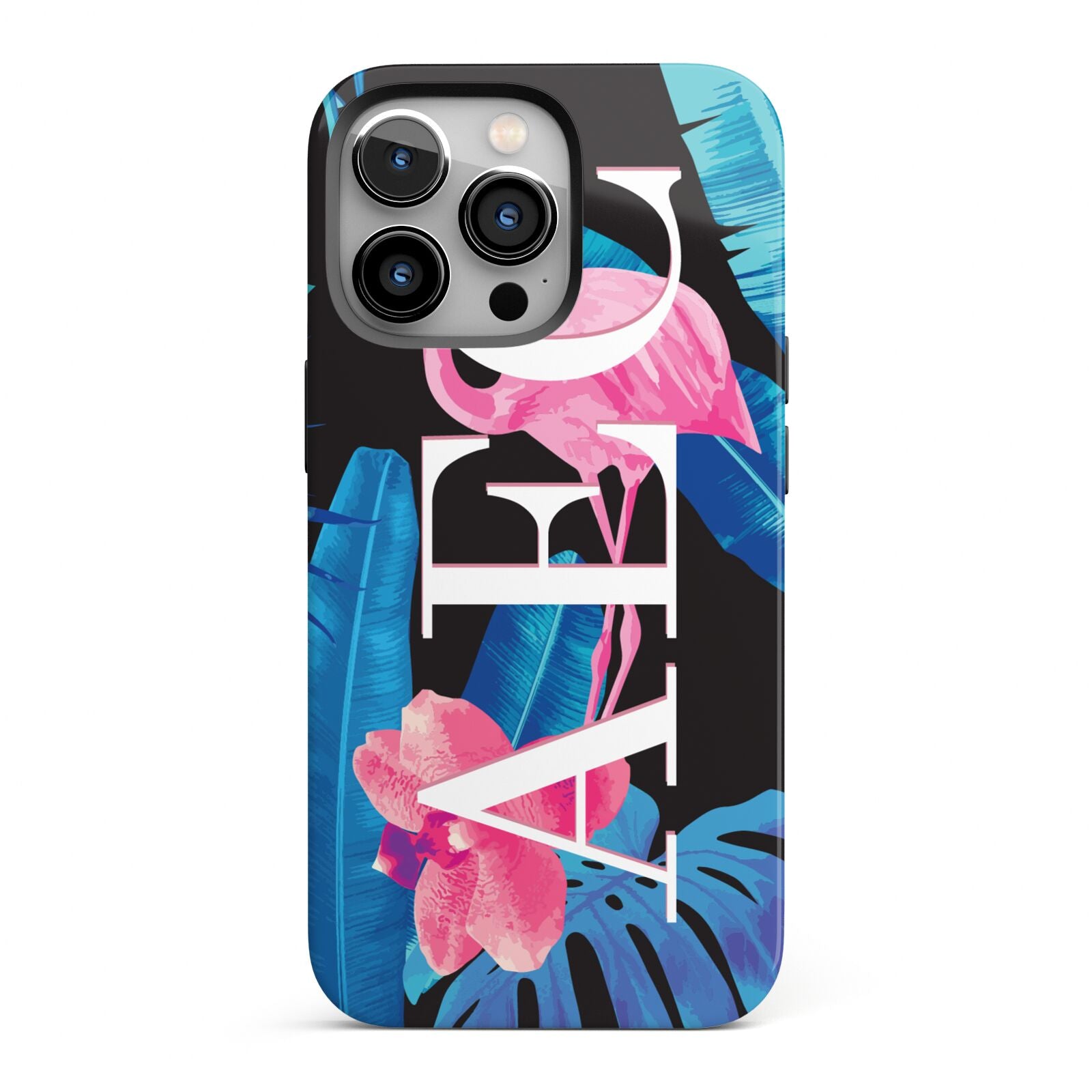 Black Blue Tropical Flamingo iPhone 13 Pro Full Wrap 3D Tough Case