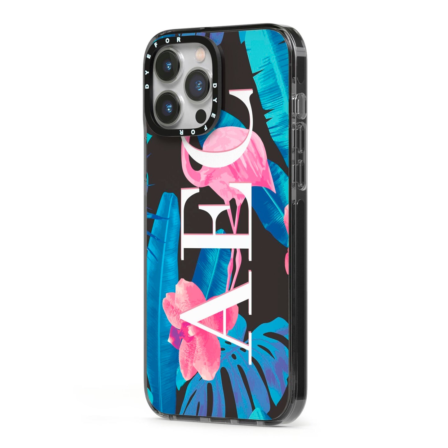 Black Blue Tropical Flamingo iPhone 13 Pro Max Black Impact Case Side Angle on Silver phone