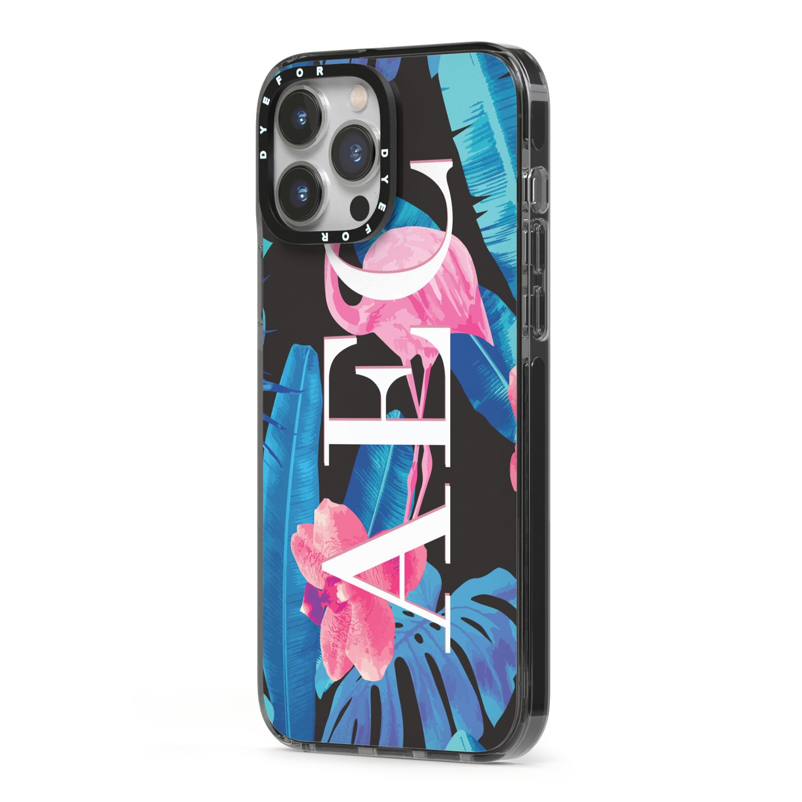 Black Blue Tropical Flamingo iPhone 13 Pro Max Black Impact Case Side Angle on Silver phone