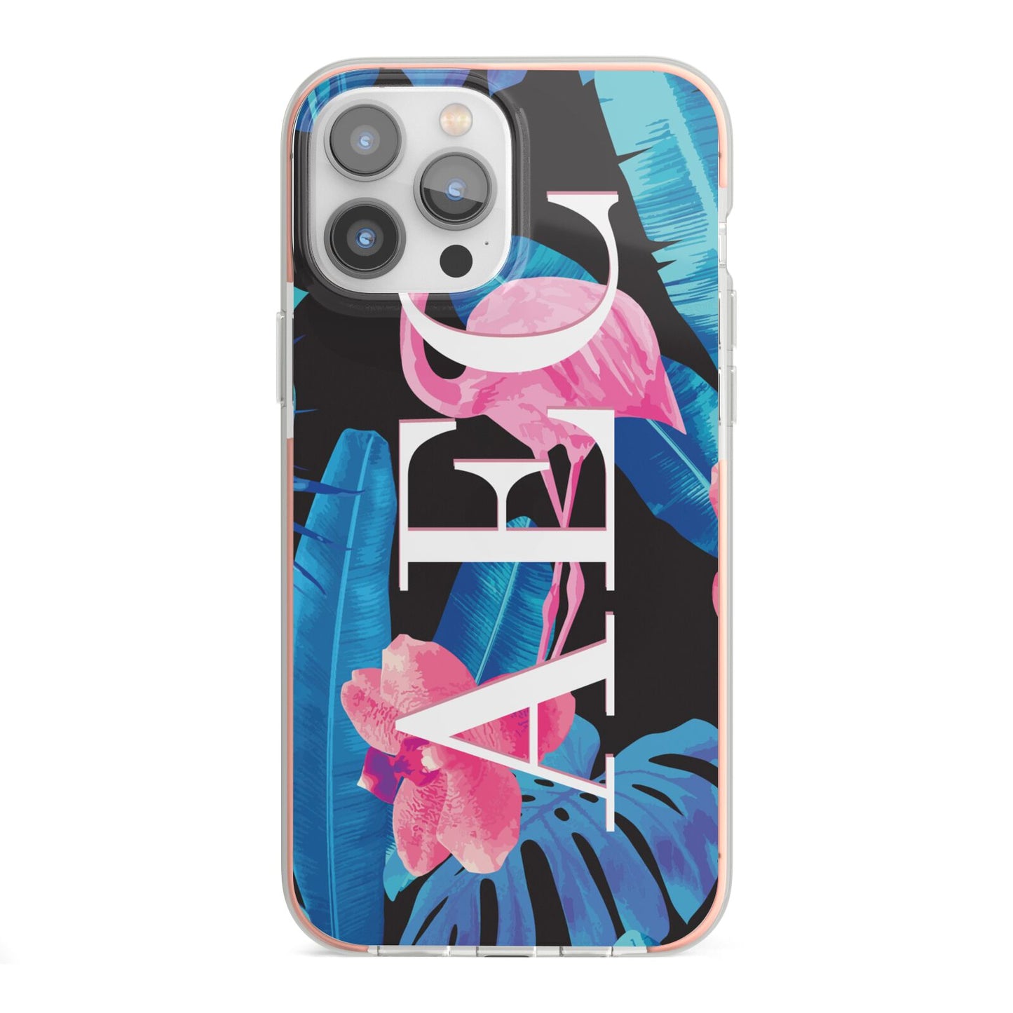 Black Blue Tropical Flamingo iPhone 13 Pro Max TPU Impact Case with Pink Edges