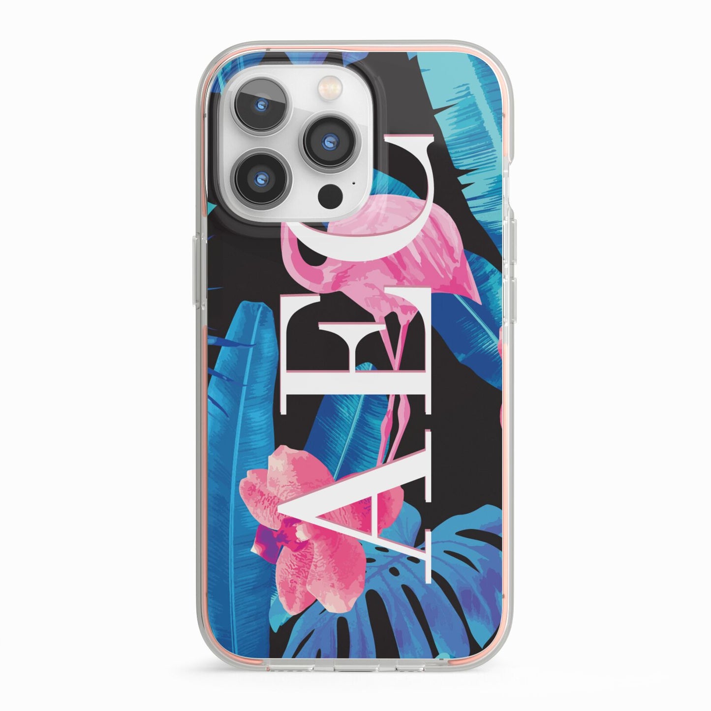 Black Blue Tropical Flamingo iPhone 13 Pro TPU Impact Case with Pink Edges
