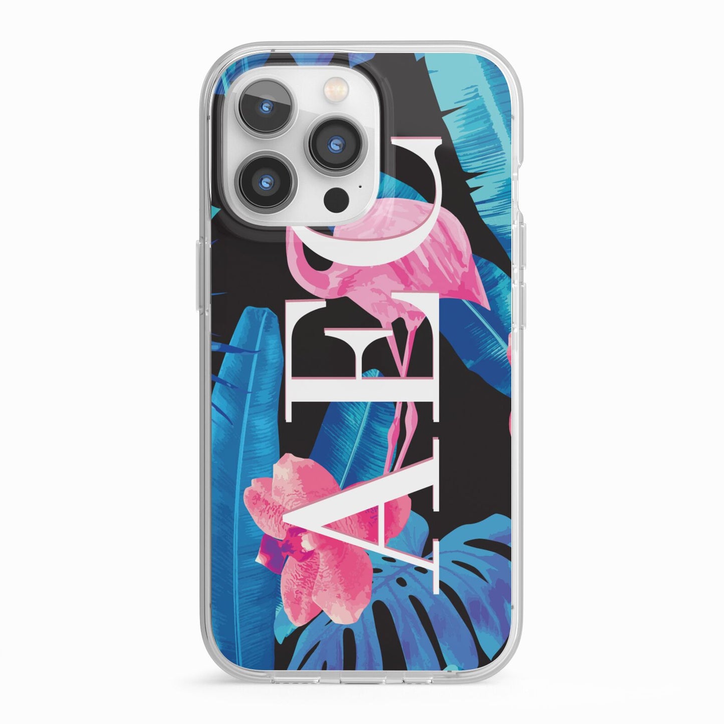 Black Blue Tropical Flamingo iPhone 13 Pro TPU Impact Case with White Edges