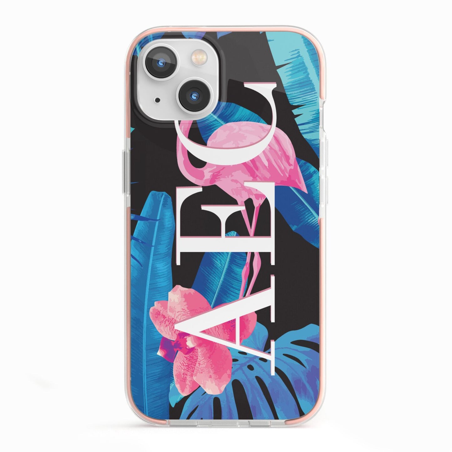 Black Blue Tropical Flamingo iPhone 13 TPU Impact Case with Pink Edges