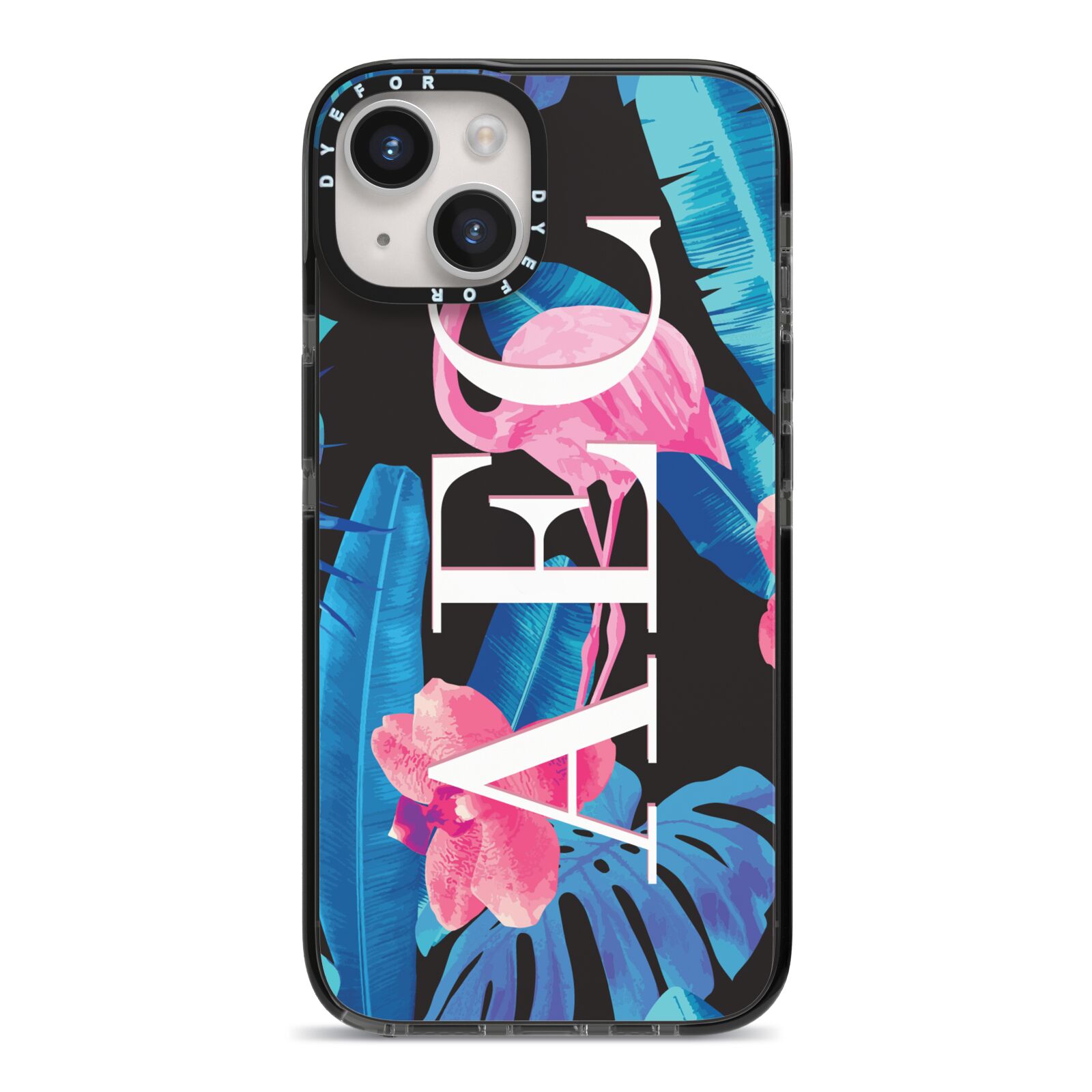 Black Blue Tropical Flamingo iPhone 14 Black Impact Case on Silver phone